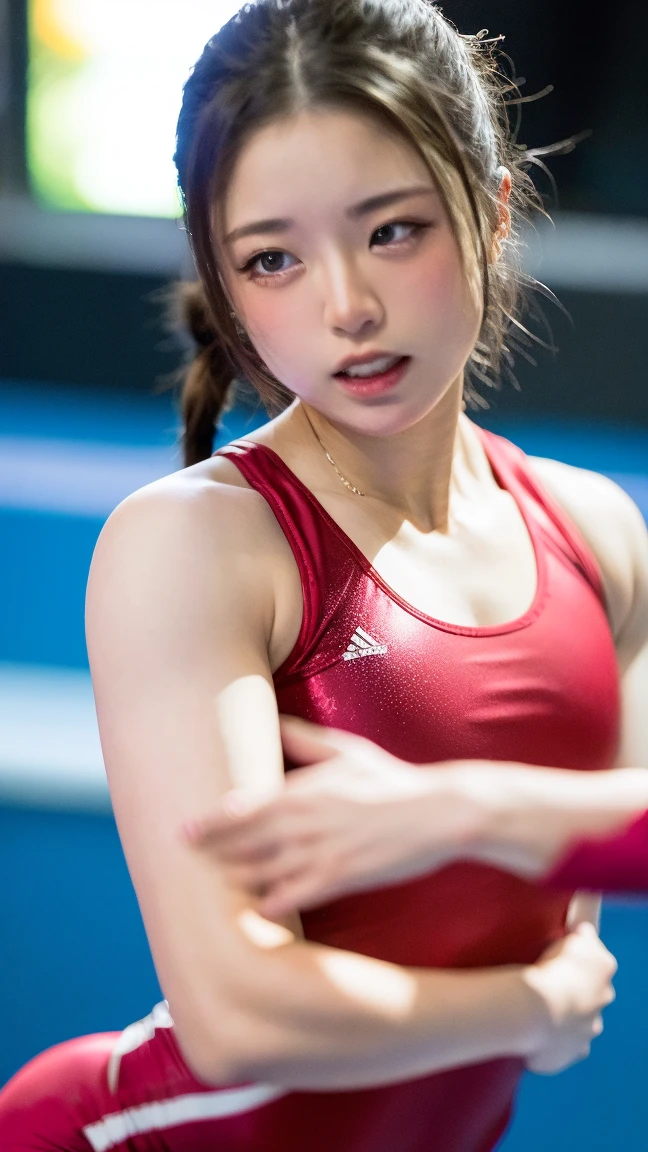 (solo), (a detailed full body RAW photo of a girl), (masterpiece:1.0), (best quality:1.4), (ultra highres:1.2), (photorealistic:1.4), 8k resolution, Canon EOS R5, 50mm, absurdres, ultra detailed, (25year old), sharp focus, cinematic lighting, detailed beautiful face, (no make up:1.2), (ulzzang-6500-v1.1), petite figure, detailed skin texture, flat chest, (skinny and fit body:1.6), detailed brown hair, sweltering,(very short hair:1.5), very thin see-through wear, (very small and simple and brihit red and blue nike competition athletic wear:1.5), low rise, (nipple protrusion on see-through sports bra:1.5), realistic glistening skin, (sweating:1.45), detailed nipples texture, (satomi ishihara:1.6), (no bra:1.8), dynamic porse with emphasized the crotch (Crotch streaks and stains),(nude:0.5)