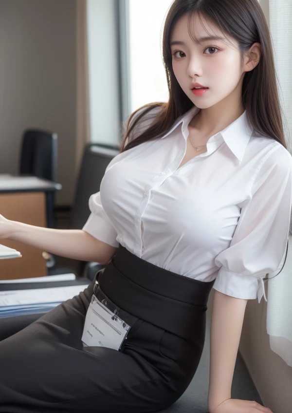 (8k, RAW photo, best quality, masterpiece:1.2),(realistic, photo-realistic:1.4), Correct human finger, manicure, SIGMA lens, 85mm f/1.4., (hand between legs:1.2), live-action, HDR, depth of fields, Portrait, ultra-detailed, extremely detailed, hyperrealistic, dark office, night, (cute Japanese actress, detailed skin: 1.2), 20 years old, extremely detailed face, pale skin, brown eyes, embarrassed, simple piercing, looking at viewer, office, medium size breasts, big ass, ((see-through shirt formal)), business suits, black skirt, stockings, cleavage, office chair, night