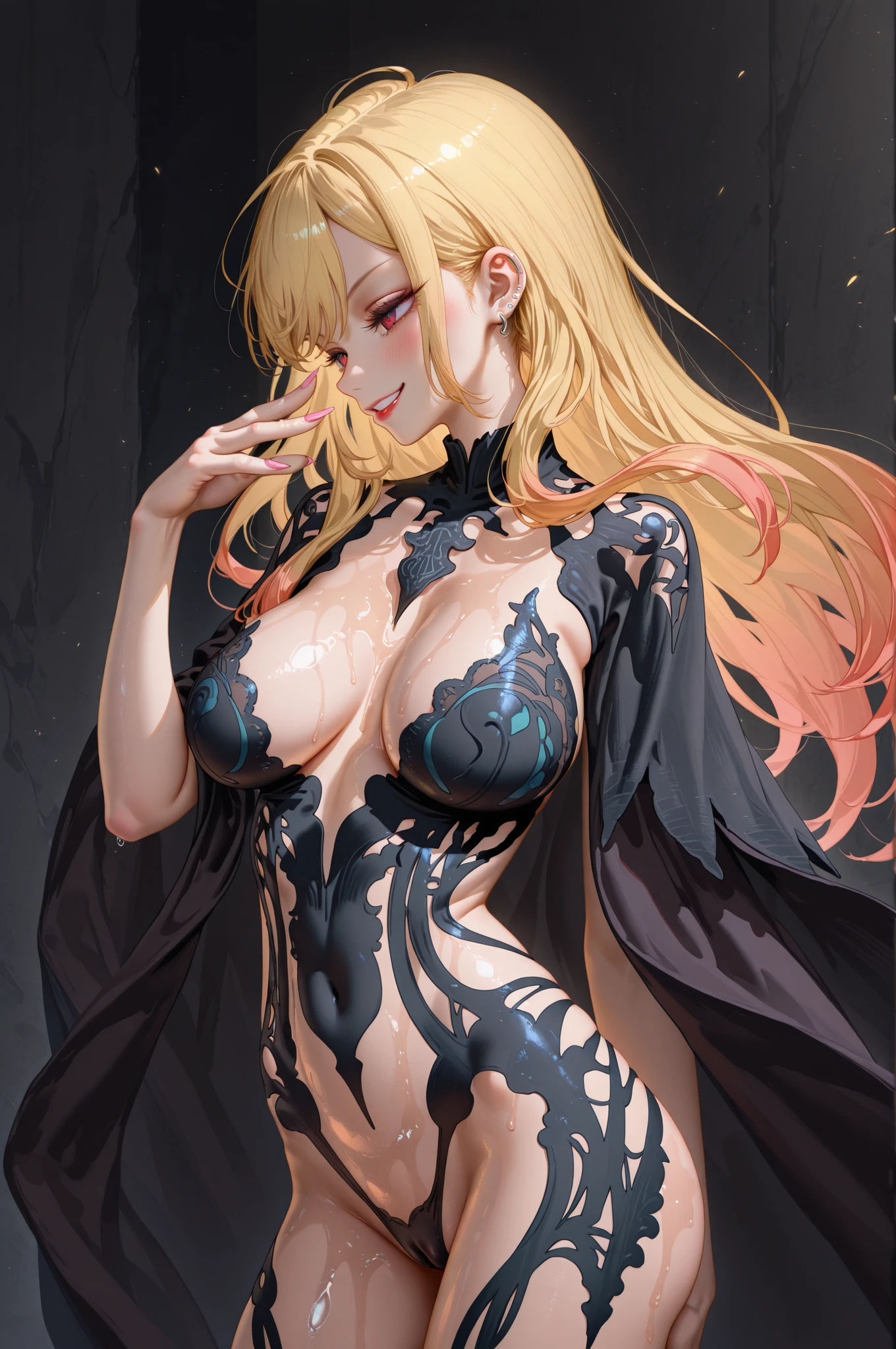 1girl, anime, cute girl, blank background, white background, fantasy, detailed fantasy dress with highlights, beautiful face, beautiful eyes, dark colors, black hair with multicolor streaks, red eye with different color pupil in eye, multicolor eye, medium small breasts (slightly big), slight cleavage, beautiful skin, cute, breast curtains, extremely delicate and beautiful, (beautiful detailed face:1.0), (detailed deep eyes), symmetrical breasts, deep eyes, shiny skin, portrait, slender waist, hips wider than shoulders, thighs, expressionless, young girl, luminous eyes, adorable,(Kpop idol),(aegyo sal:1),(Platinum blonde hair:1),((puffy eye)),Black panty,sexy posture,Superskirt, ultra high resolution,Black collar,slim figure, Abdominal y tattoo, womb tattoo,Tight-fitting leg ring,y tattoo on half-body,Bare skin, Armored hand,Hidden fingertips,Hand covered,Arm covered,Fist covered,{{beautiful detailed fingers}}, tufts of hair, moderate beautiful breast:1.0,(masterpiece:1.2), best quality, high-res, HDR, perfect face, intricate armor, delicate blue filigree, intricate filigree, red metalic parts, detailed part, dynamic pose, dynamic lights,