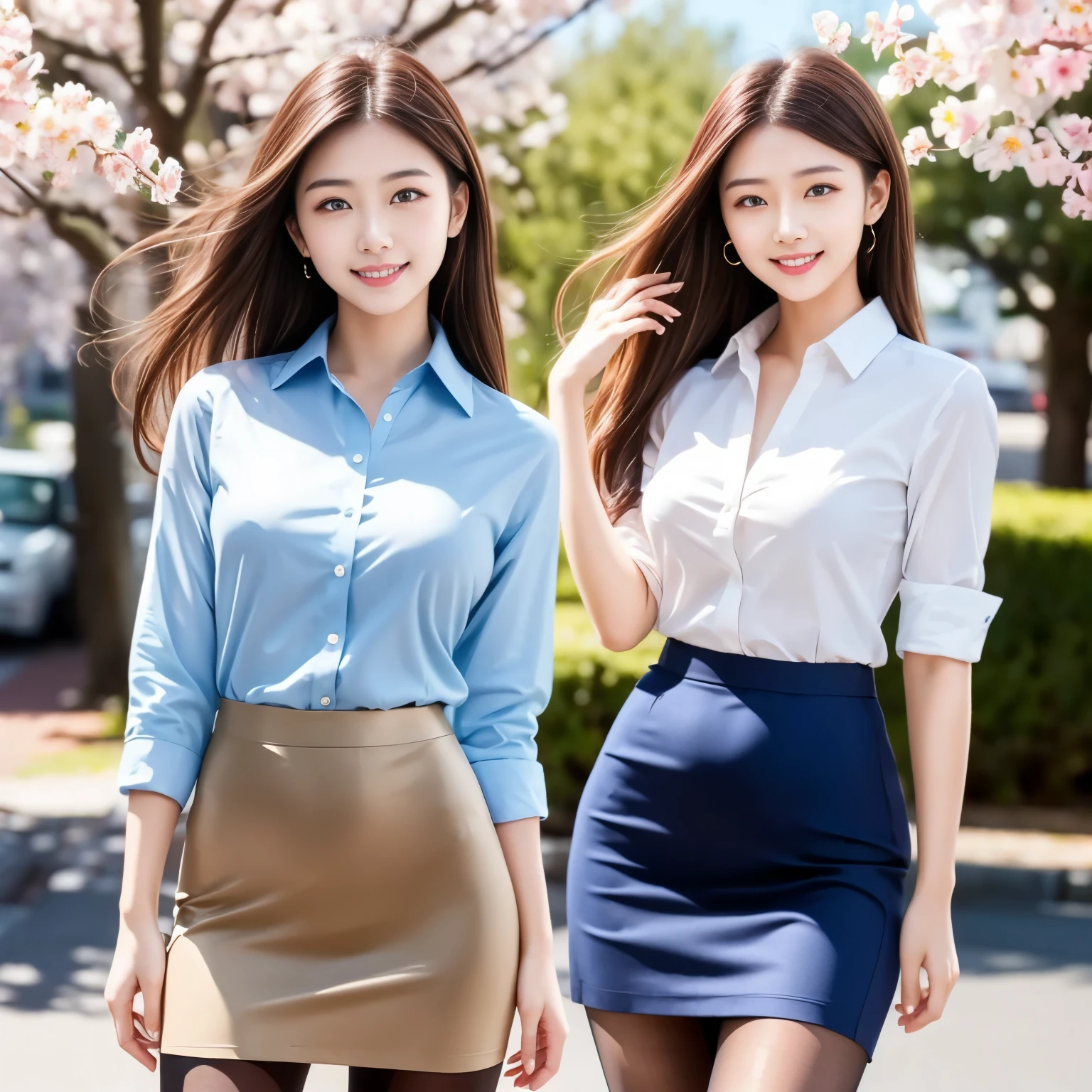 (masterpiece,best quality: 1.4),(8k,raw photo,photo realistic:1.2),shiny skin, detailed skin,detailed face,detailed eyes,Japanese idol,beautiful face,cherry blossom trees, under cherry blossom trees, one beautiful woman, beautiful Japanese woman, well-developed face, model figure, (long hair: 1.2), (business shirt, pencil skirt, pantyhose: 1.3), (happy smile: 1.2), (standing),(wind is blowing her hair:1.4),