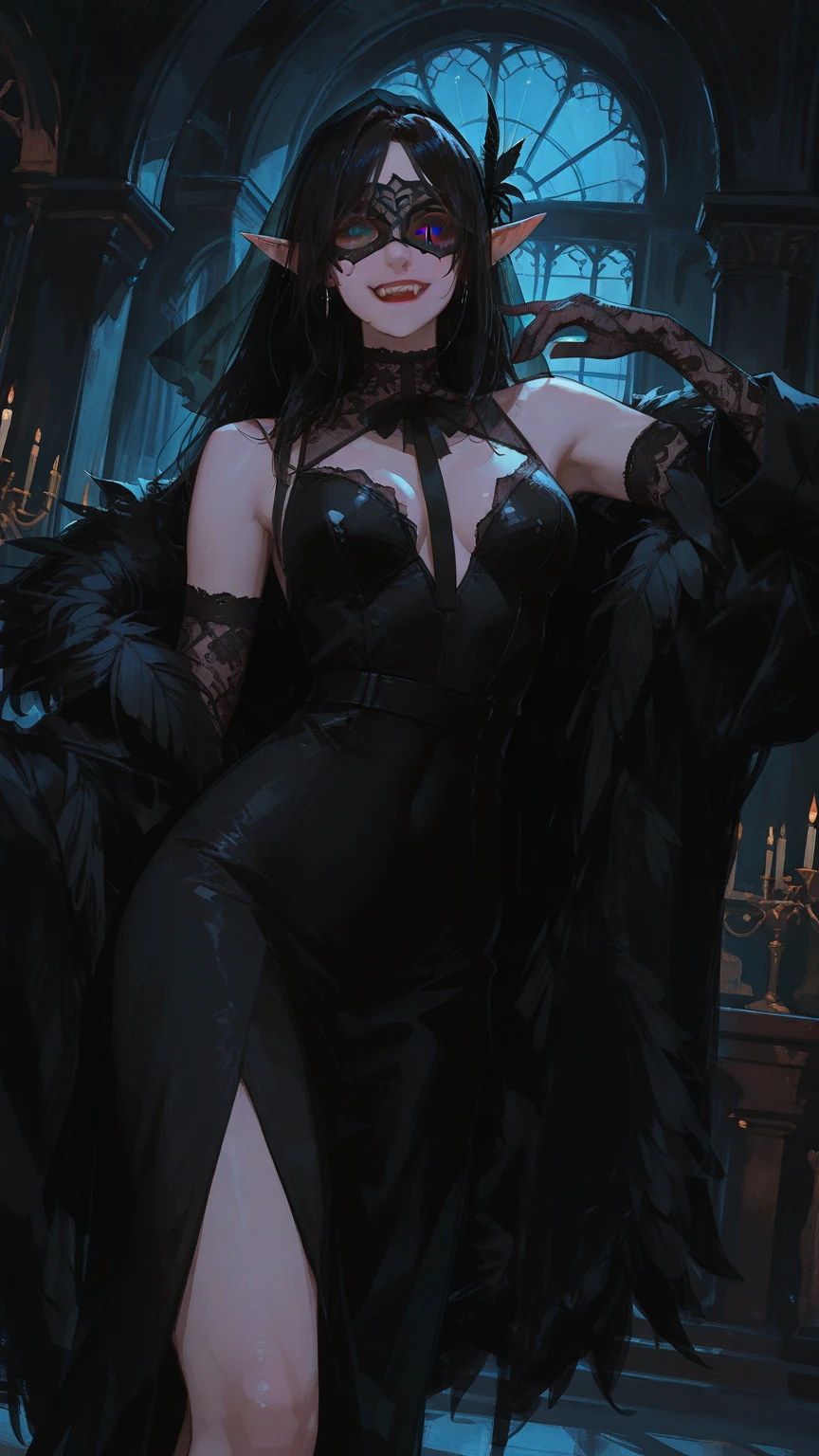 The woman, by the wide, long hair, black fur, black hair, fringe, pale, Pale skin, ((black eyes, black eyes)), scantily clad, black clothes, black clothes, Waders, hig boots, gloves, gloves, Cathedral, evening, fantasy