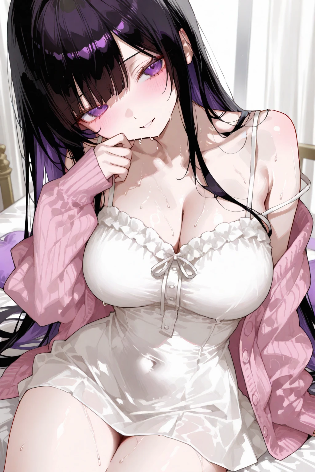 Wolf Girl, Large Breasts, Voluminous, messy purple hair, masterpiece , Red eyes, hd, Head to Chest, Put in your chest、 tooth、Double teeth,, On the bed、Thick thighs、Grinning、White sleeveless sweater、Earpick