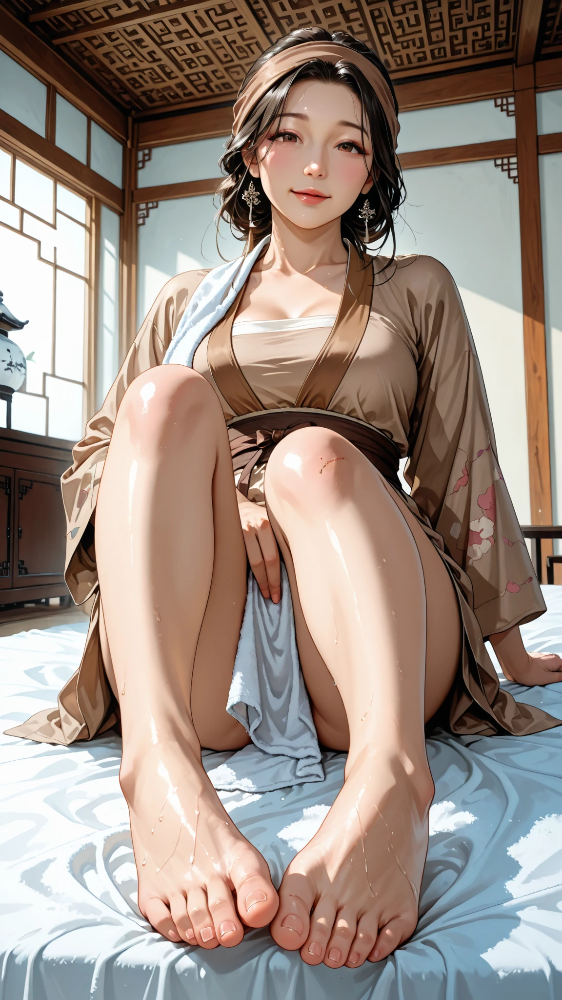 (8ก, 最high quality: 1.2), Very detailed, Complete solution, (Realistic, Realistic photo: 1.5), Portraiture, High resolution RAW color photograph, Professionally arrested, High resolution and beautiful, High resolution, 8ก Image Wallpaper, Amazing details, Large file size, Very detailed美しい女の子, Very detailed face, (Super detailed and super beautiful eyes:1.8), The nose is precisely shaped., Expressive crimson lips, The background is not blurred, One Story, pretty girl, Realistic、 (Movie Scenes,Fantasy art,最high quality,high quality,High resolution,high qualityの質感,Attention to detail,Beautiful details,Fine details,Very detailedCG,Detailed Texture,Realistic representation of face,whole body写真撮影,before,dynamic,bold),1 Girl,Very detailed肌,curve,(Micro Panties,No bra :1.8),(Fully expose your thighs to the viewer:1.8),(Rope Bondage:1.6),((Raise your arms above your head:1.6)),((Show both armpits:1.6)),((Spread your legs out to the sides:1.6)),((Raise both legs high:1.6)),((Show the soles of your feet)),((Show your calves to the audience:1.4)),(Sitting on a sofa facing forward with legs spread:1.6),((Long legs)),((Poses that make your legs look longer)),(Nipples are visible:1.2),(Beautiful breasts,Under the chest,Large Breasts:1.5),Pale skin,Pointed Chest,(Very fine hairs),(Very soft hair),(Wavy Hair),Long, slicked bangs,Very light coppery amber hair,Long hair down to the waist,(Hair on one eye:1.3),(Open your mouth:1.2),blue eyes,Sensual look,Blushing,No sleeve,Mature Woman,Detailed fingers, Perfect hands, Length 180cm,Small face,sweating,Sweat on the face,((Small breasts:1.1)),((Small Ass:1.1)),Tied up woman,complain of embarrassment,(Angry),shout,Soft thighs,Sexy legs,Sexy ass, Beautiful wrinkle-free butt,Cleavage,Open the chest,Smooth thighs and legs,Smooth ass,((Amazing orgasm)),大きなSexy ass, ((Long and beautiful leg details)),Wearing high heels,Perfect Body Proportions,(Slim waist),Nipples visible,The areola is protruding,Tight waist,(Long legs:1.6),Thighs open,Huge :1.1,perspective:1.2,Looking at the audience,Character-centric,symmetry diagram,whole body:1.8,From below:1.2,Abdominal shot