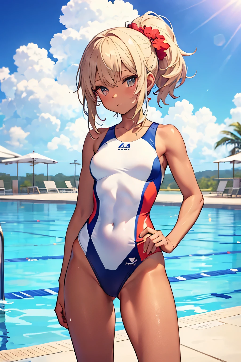 Make a blue-eyed blonde girl in a red swimsuit on the edge of an Olympic pool