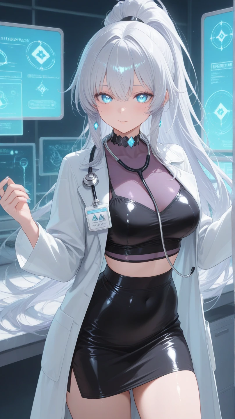 (Top resolution、Distinct_image)top-quality、A woman、​masterpiece、highly detailed, half body, Semi-realistic、grey eyes 、26year old, silver hair,young 、Exquisite facial features、Facial features ,variation potrait, long  hairstyles, teenage, cool , cold sharp eyes , {Very detailed 8k CG unit wallpaper}, Elagent, gorgeous 
Mommy type , plump body curves, big breasts, perfect body (doctor_, lab coat, stethoscope, doctor), sexy, clinic, glasses 
