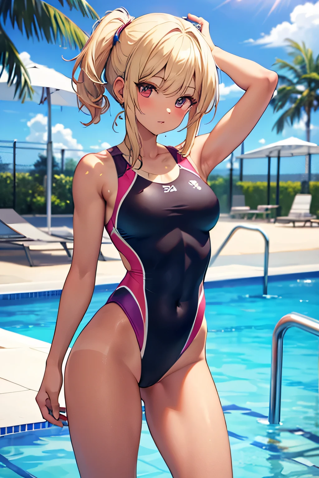 （（​masterpiece））、（（Top image quality））、（（Top image quality））、（Illustration of one woman）、Whole human body、（（30 age old））、（（neuter））、（（Blonde twintails））、Light golden eyes、（（tall））、（（Muscular and strong body））、（（Muscular and strong body））、（（Split abs））、（（muscular and thick arms））、（（muscular and thick legs））、（（manspreading））、Opening legs、（（Competitive swimsuit））、Sitting on a deck chair、in poolside