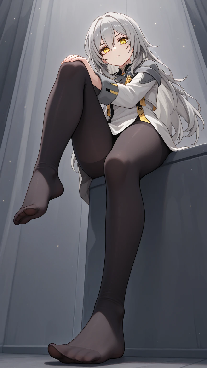1girl,solo,leg up,foot focus,foot up, white blouse and black office skirt,black pantyhose ,sitting in chair