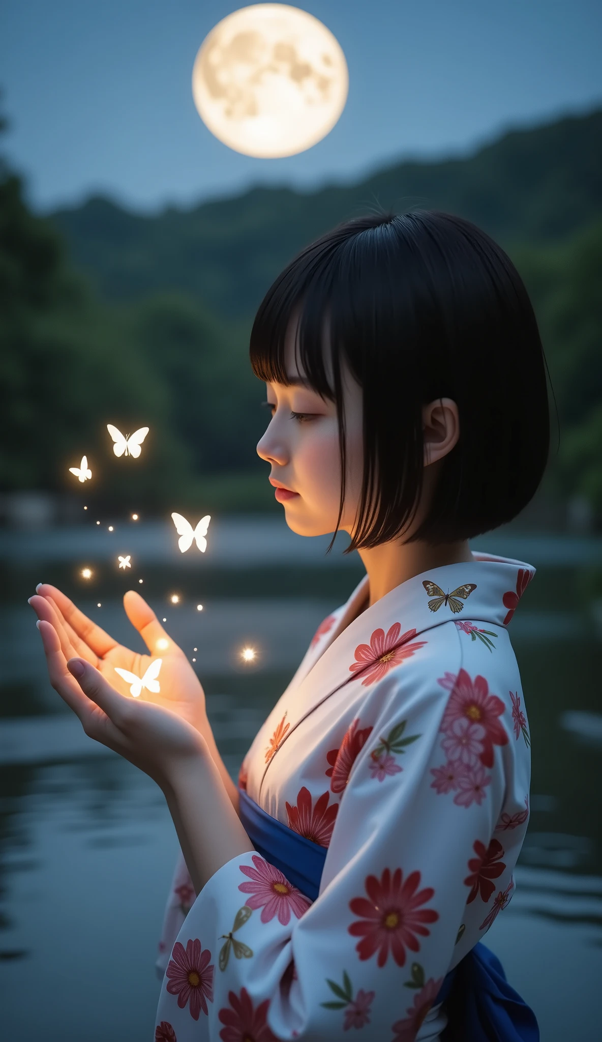 (8k), (best quality), RAW photo, (photo realistic:1.4), very detailed, Very cute Japanese girl,(very thin), (Profile of a very short high school girl), ((Straight Bob Cut)) , ((wearing a beautiful floral kimono and is in a waist-deep pond)),  ((summer night)), ((lots of glowing butterflies々is flying around the girl)), In the woods, Very big moon in the night sky, Lots of small lights are gathered on the palm raised in front of my chest