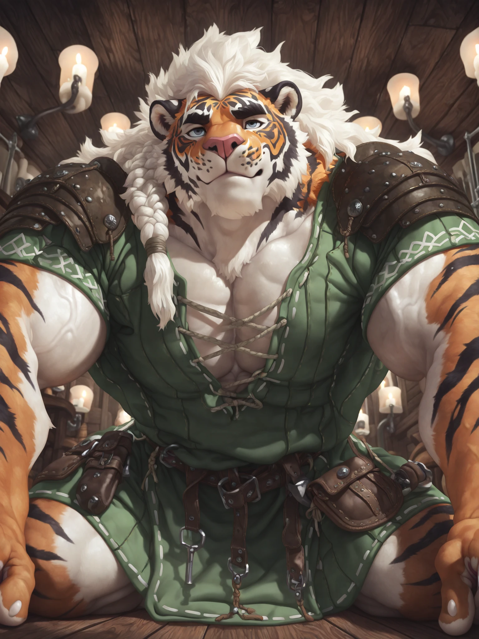 head、Animal cat face、A pair of dragon horns,Full body of fluffy white hair、Heavy breathing、Gnashing of teeth,Serious expression,Fluffy belly、Leather Armor,Viking style,wildcat、blue eyes,(contour)Full body covered with long white hair、Hairy body、Long and thick armpit hair、Fangs、4K,Pub(Sitting on the sofa,There is a sword next to it)Sharp claws、Capture the composition of the whole body,HD,Sitting