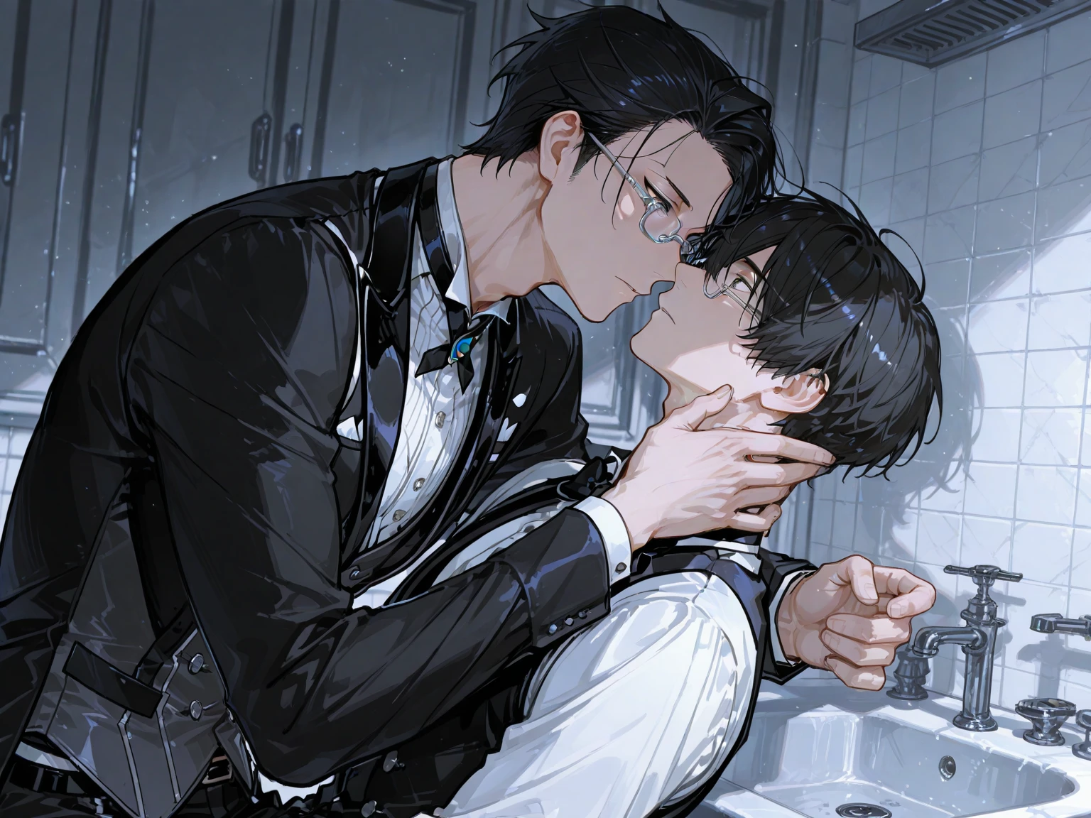 Two gay boys kissing, Shoulders and neck, Sweatをかいた, hot, hug, Sexy, Stayed, bedroom, bed, in bed, Dark Room, lamp, Lie, Face to face,NSFW, Sweat, Abdominal muscles