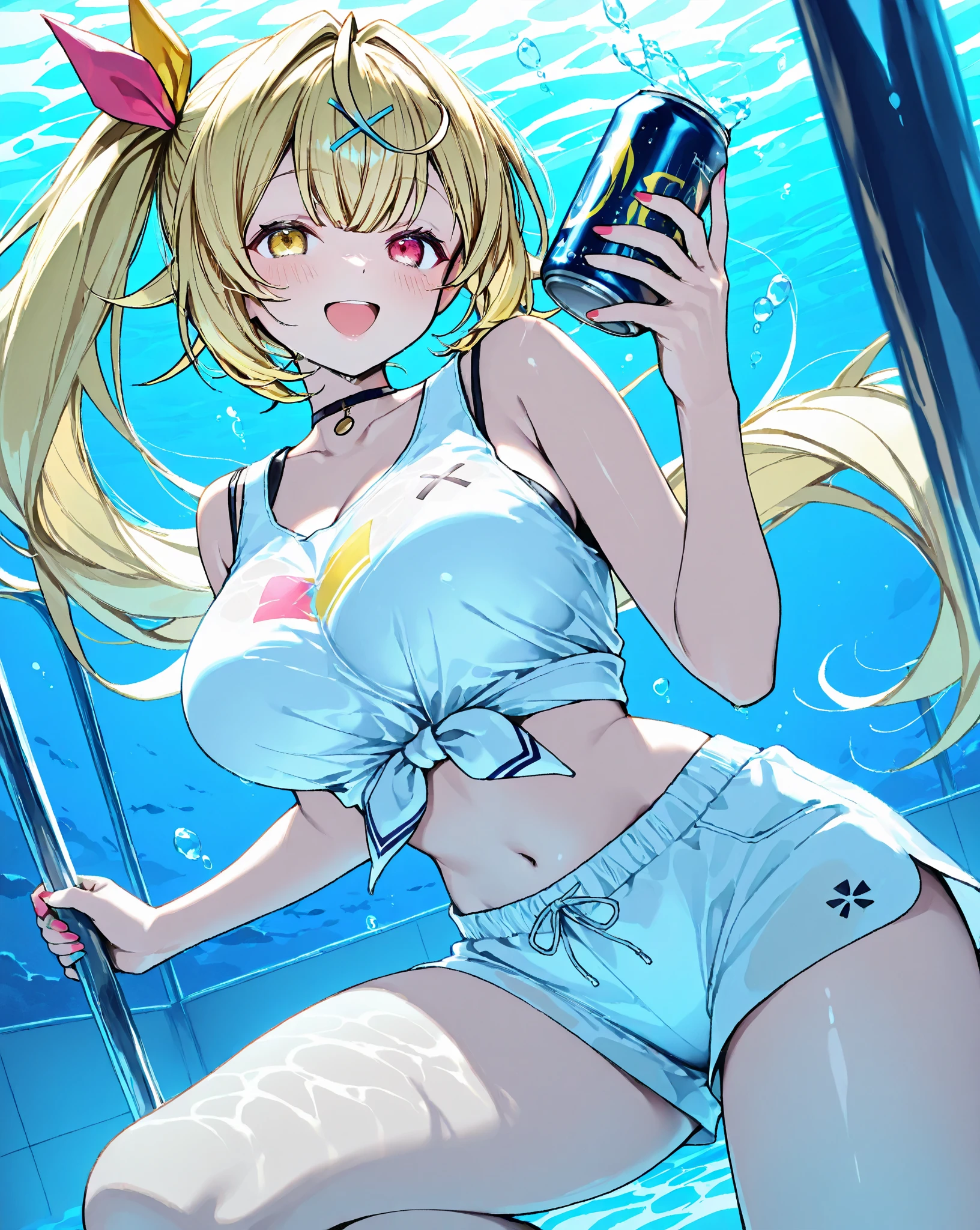 Ocean、Silver-haired, red-eyed girl、Swimwear、Two girls playing beach volleyball in the background、2d, masterpiece, best quality, anime, highly detailed face, highly detailed eyes, highly detailed background, perfect lighting, cowboy shot, 1girl, solo, collared dress, short dress, short sleeves, blue jacket, black thighhighs, detached hair, long hair, low twintails, bob cut, necktie, headgear, white gloves, elbow gloves, wide hips, smile, standing, spacecraft interior