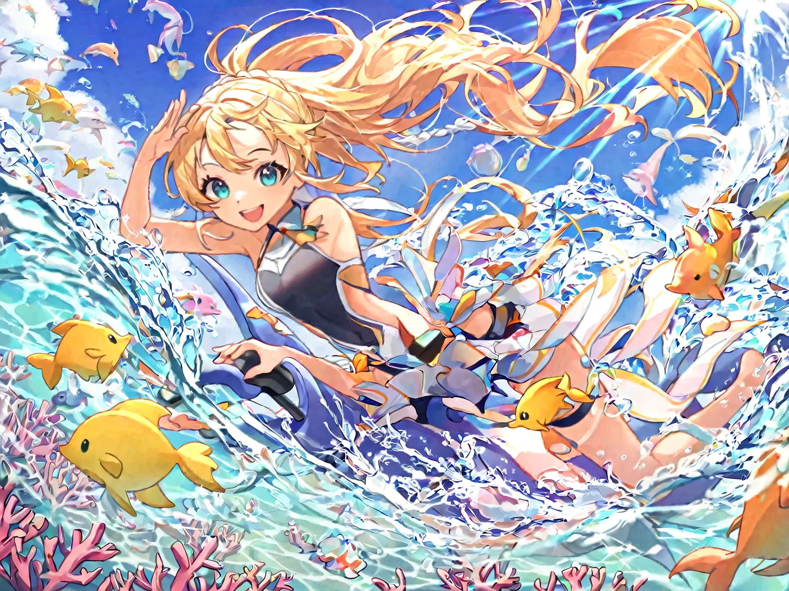 Hirehiretchi has light pink skin and a yellow beak. The lower half of her body resembles a blue fish tail with two regular legs sticking out of each side. She wears a blue swim cap, yellow goggles, lime green scuba fins, and white seashells over her chest. She has three yellow fish fins, two on each side of her head and one on top. She also has a long ponytail resembling a piece of green kelp. SPARKLE; GLITTER