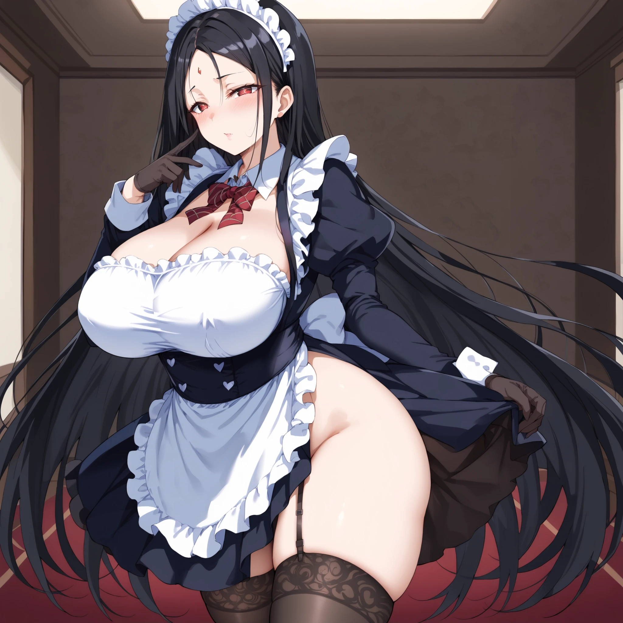 (masterpiece, best quality, ultra detailed, absurdres:1.5), 1girl, (sexy, beautiful woman, perfect face, perfect eyes, perfect female body, medium breasts:1.5), (<lora:Slutty_waitress-10:0.7>, slut_waitress, long hair, bangs, cleavage, standing, detached collar, bowtie, topless, pussy, no panties, garter belt, thighhighs, thigh gap, high heels, tray, holding tray, lotion bottle, sex toy, vibrator, bare shoulder, dildo, elbow gloves), (standing, indoors, penthouse), perfect lighting, smooth, hdr