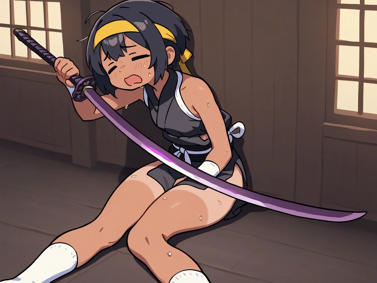 samurai girls, open clothes, nsfw, angry, blush, tear, sweat, wet, pussy juice, intense sex, girl on top, reverse cowgirl position, a guy back there