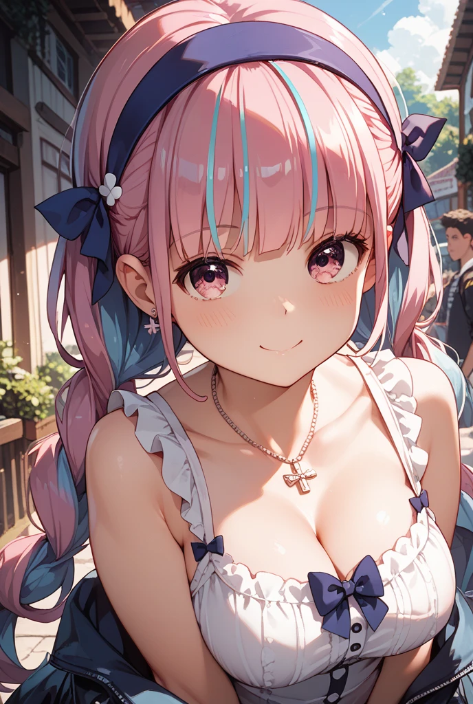 (Masterpiece, BestQuality:1.3), (ultra detailed:1.2), (hyperrealistic:1.3), (RAW photo:1.2), High detail RAW color photo, professional photograph, (Photorealistic:1.4), (realistic:1.4), (Pink Hair:1.5), professional lighting, perfect anatomy, (Big Breasts:1.2), (blush, detailed face), (A happy smile:1.7), sexly, erotic sexly, Random sexy gravure poses, (Pink frilled blouse and denim skirt、The background is a shopping mall in the city、With the buttons of her blouse open to accentuate her chest、Window shopping pose。:1.3)