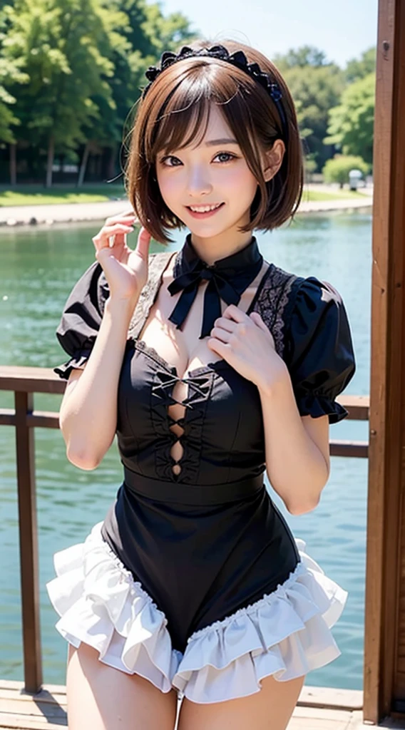 Highest quality、、masterpiece、Real:1.3 )、( A classical and elegant garden with a castle as a backdrop )、( Very high quality deep background : 1.2 )、Natural bright sunlight、Blue sky、smile、Beautiful woman with perfect figure:1.4、Highly detailed face and skin texture、Detailed eyes、double eyelid、Very far : 1.2 、The whole body is visible、White and black maid、Ruffled blouse、Ruffled mini skirt、Ribbon tie、apron、High heels 、((( Lift skirt to show off panties : 1.3 )))。((Thighs))、Red lipstick、