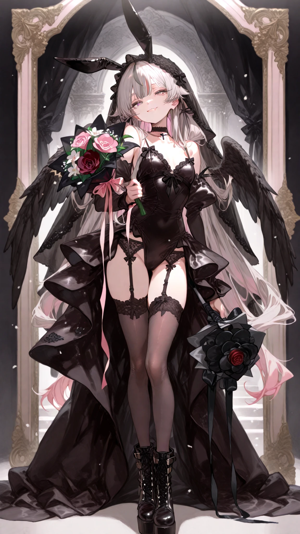 ((best quality)), ((masterpiece)), (detailed), 1girl, Character design, female, dynamic poses, long white grey hair, grey white eyes, very skinny, detailed, best quality, no accesoires around the neck, no shoes, prominent collarbones, skinny arms, flat stomach, visible hip bones, full body, blank white background, plain background, white background, red and white clothing, Bloodborne inspired, occult aesthetic, occult, detailed and intricate steampunk and detailed gothic, NSFW, Very dramatic and cinematic lighting, cosmic horror, grim-dark, side-lighting, perfect face, NSFW, Fluttering lace flared long knee length dress with frilly petticoats, knee length dress, pleated petticoats, petticoats gothic, complex lace boots, side-lighting, gothic aesthetic, wielding a mighty sword with mechanical components, mandalas, small breasts, a fairy, various different types of insect wings, NSFW, full body, whole body, body, plain background, white background, blank background, no background, white background NSFW, chains, full body, whole body, head-to-toe NSFW