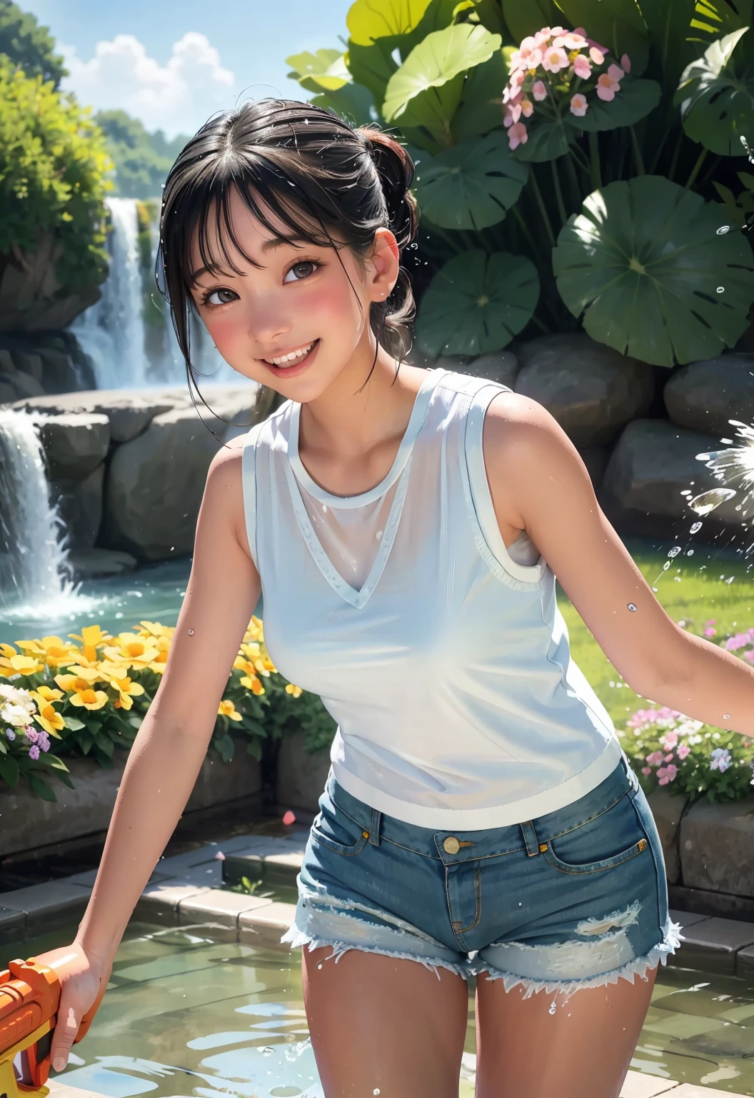 water fight, ((water gun)), white vest, denim shorts, 1girl, on the street. mayny people playing water splashing, splashing water, soaked clothes, laughter, joy, playful, dynamic, outdoor landscape, sunny day, green grass, blooming flowers, vibrant colors, high-resolution, 8K, detailed, photorealistic, cinematic lighting, dramatic composition, fantasy art style, digital painting, masterpiece