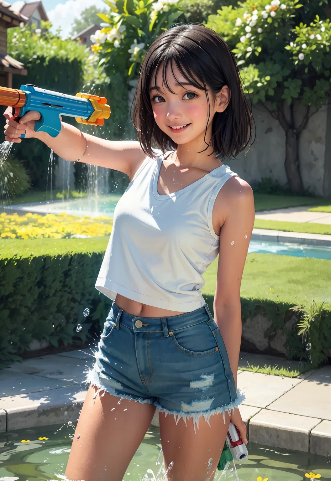 live-action, photo of, A hyper-realistic movie photograph inspired by the character Fern from 'Frieren: Beyond Journey's End',kanne, short hair, brown hair, twintails, (brown eyes:1.3),(masterpiece, best quality), beautiful hair+,kanne, short hair, (brown hair:1.2), twintails, (brown eyes:1.3),shirt, thighhighs, navel, bare shoulders, white shirt, short sleeves, midriff, belt, white thighhighs, crop top, short shorts, clothing cutout, shoulder cutout, ((green shorts:1.1)), (water Splash in the background:1.5)
