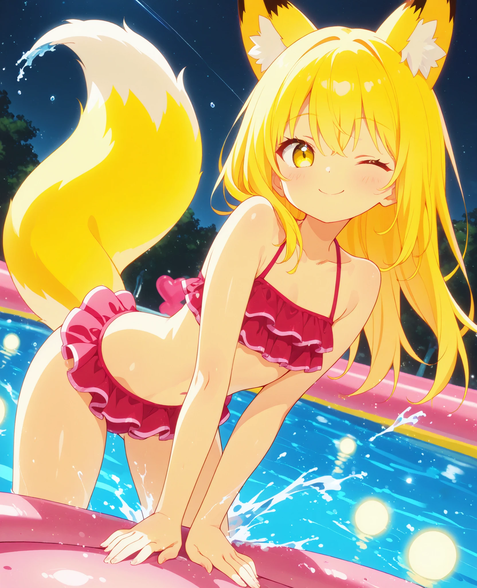 Masterpiece, Best Quality, extremely detailed, cheered up, Cat ears girl ,night pool,high waist bikini,SMILE,:d,action,ass focus