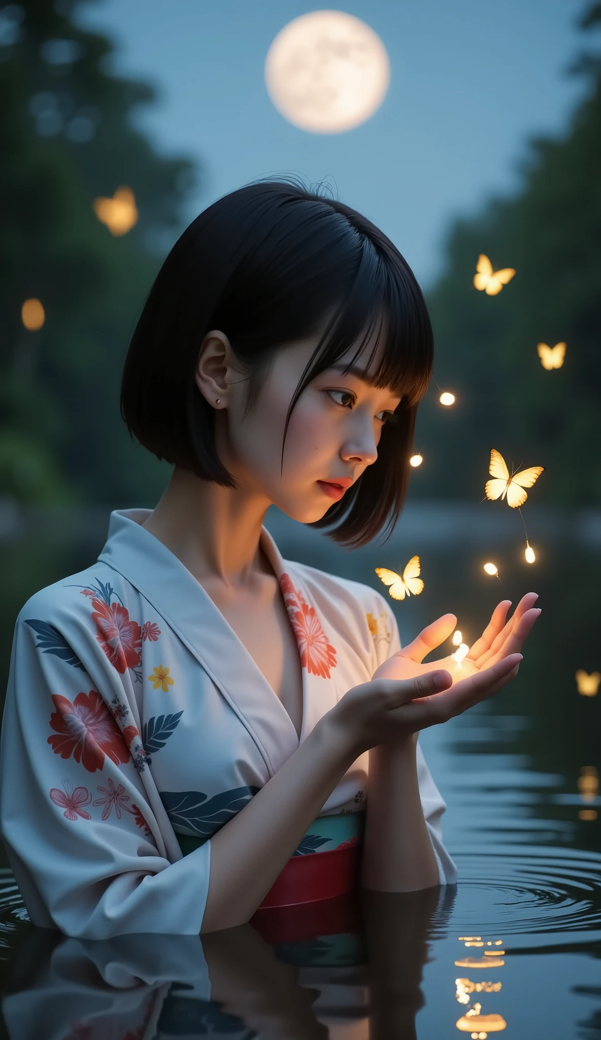 (8k), (best quality), RAW photo, (photo realistic:1.4), very detailed, Very cute Japanese girl,(very thin), (Profile of a very short high school girl), ((Straight Bob Cut)) , ((wearing a beautiful floral kimono and is in a waist-deep pond)),  looking back, ((summer night)), ((lots of glowing butterflies々is flying around the girl)), In the woods, Very big moon in the night sky, Lots of small lights are gathered on the palm raised in front of my chest