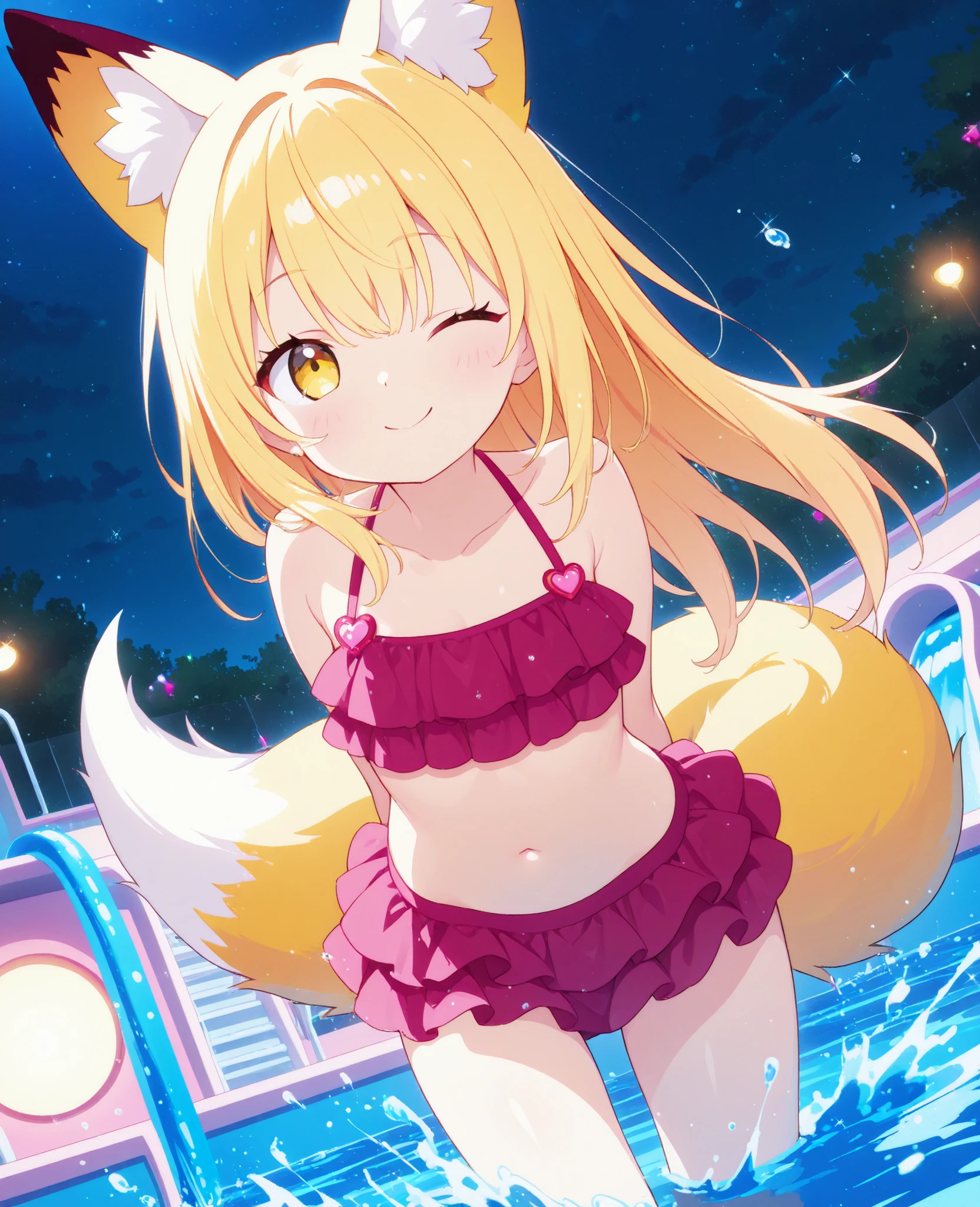 (masterpiece, best quality) junior,detailed, (beautiful,small breasts), blonde,long hair, side ponytail(tied to the left),Hairpin decoration with gold butterfly, elegant, (fox ears),nine tailed fox tail, red eyeshadow, golden eyes, femur,swimsuit(bikini),cherry blossom tree lake background,lake illuminated by moonlight,girl,BLUSH,