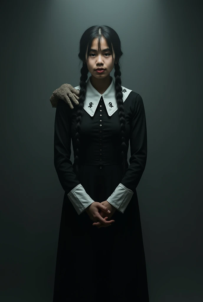 Wednesday addams
Wednesday usually wears a black dress with a white collar, black stockings, and black shoes ..black hair in braids......teenager....with ..a decapitated hand