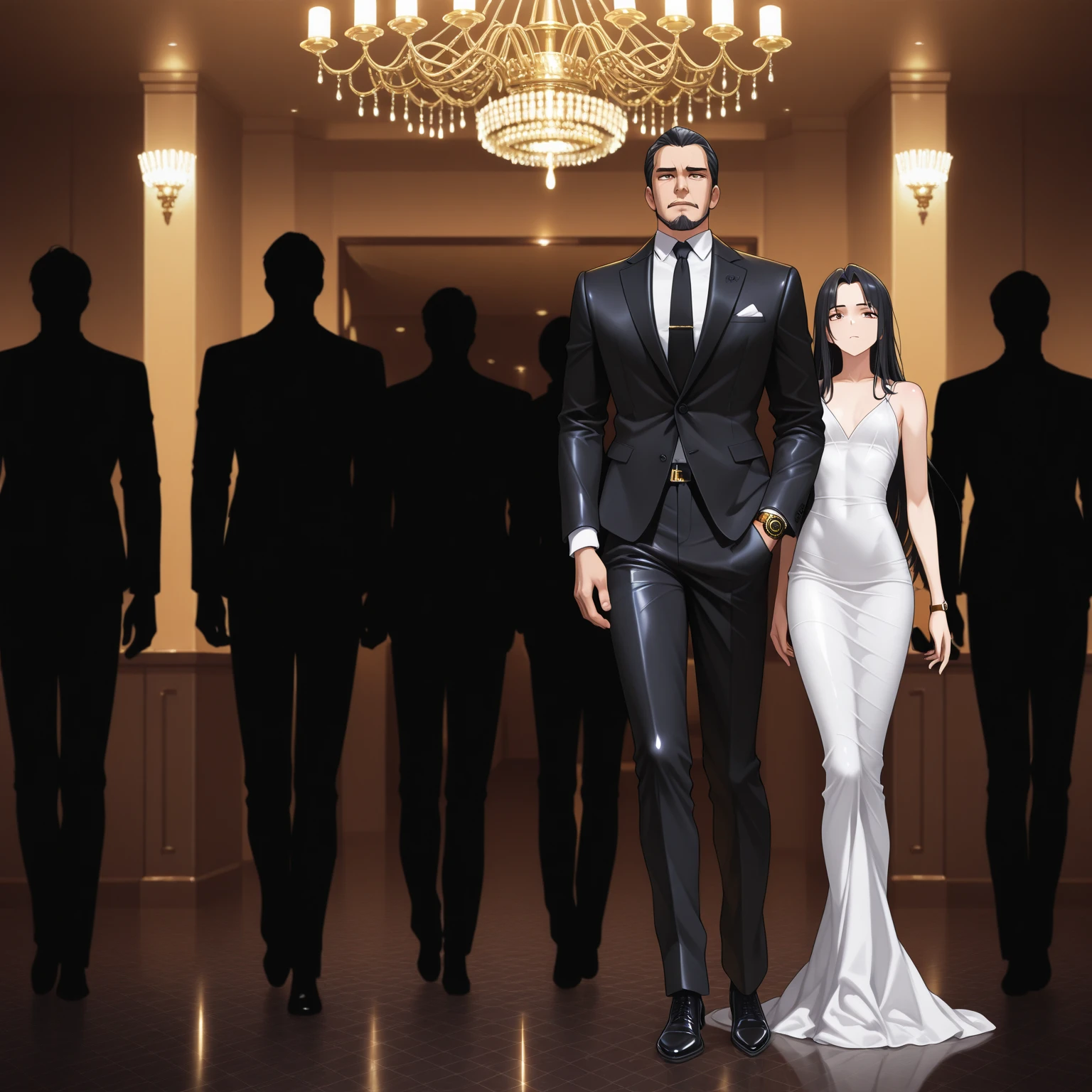 I want a beauty with long legs in a tuxedo，Long waist-length black hair