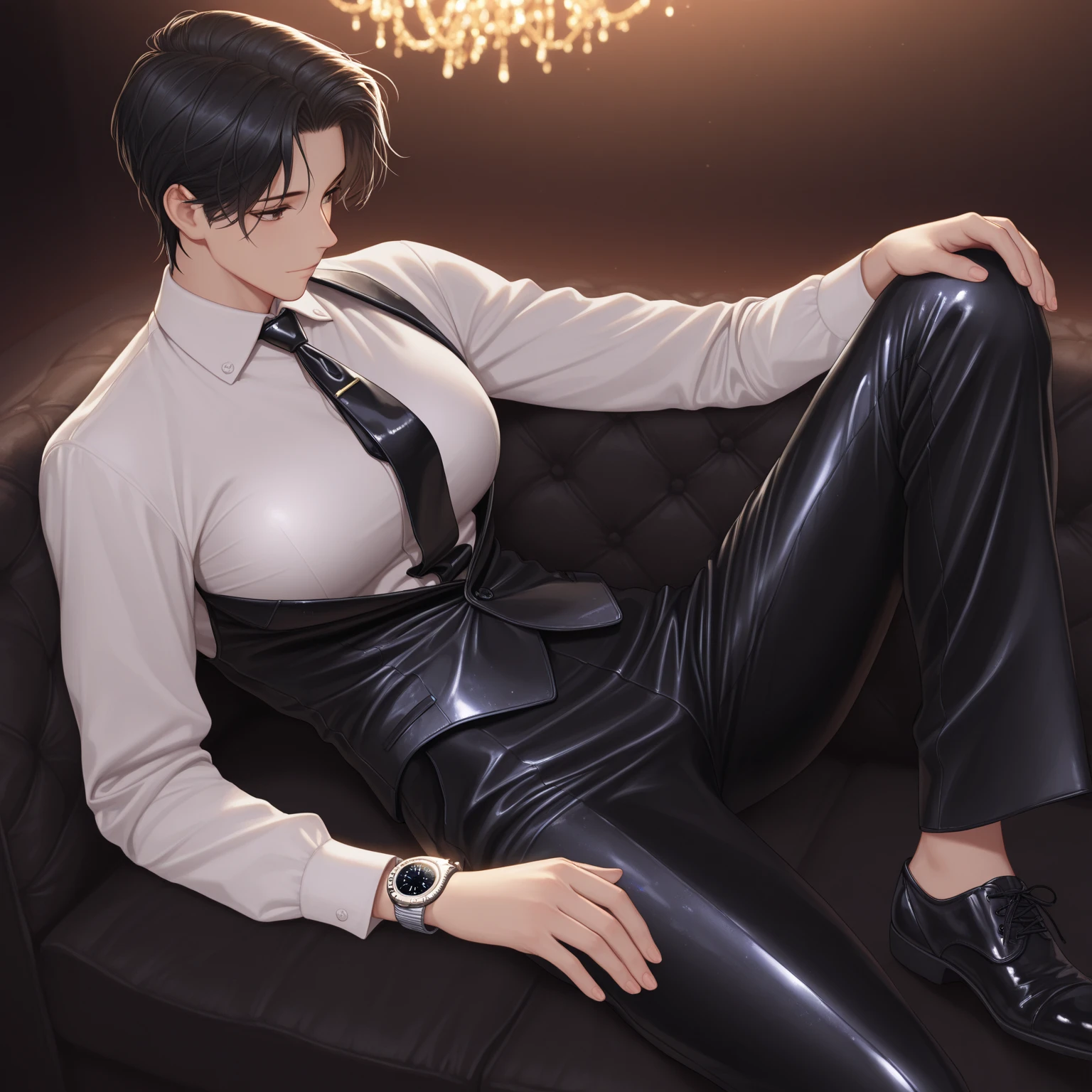 1boy, 16~20 years old, male focus, muscular male, nsfw, 3D, realistic, indoor, normal hue, central, golden ratio, sitting on the leather throne, sharp-featured body, tall, burly, highres, slender build, perfect anatomy, skin texture, thick dark buzzcut hair, see-through bangs, shallow eyebrow, symmetrical eyebrow, large bright eyes, symmetrical eyes, square gold-rimmed glasses, big straight nose, closed mouth, double-edged polearm, broad shoulders, noble attire, bdominal stretch, tight-fitting, leather collar, stand-up collared shirt, necktie, waistcoat, open thickened glossy dark leather jacket, six-pack abs, leather gloves, black trousers, leather belt, spreading long thin legs, <lora:OnlyCocks_v1.0:0.5>, large erect penis over 10 inches length and 3 inches width, erection, large scrotum with testicles, masturbation, high-heeled leather boots, soft smile, handsome, powerful, from front, looking ahead at viewer, day, masterpiece, best quality, hyper-detailed, intricate detail, professional photography, matte, bright, the most beautiful ever seen, post processing, dreamatic lighting, ambient lighting, epic composition, ultrawide shot, uplight, raytracing reflections, depth of field, gorgeous background <lora:1.BuriedStarsGyuHyukLee_v1.0:0.5>