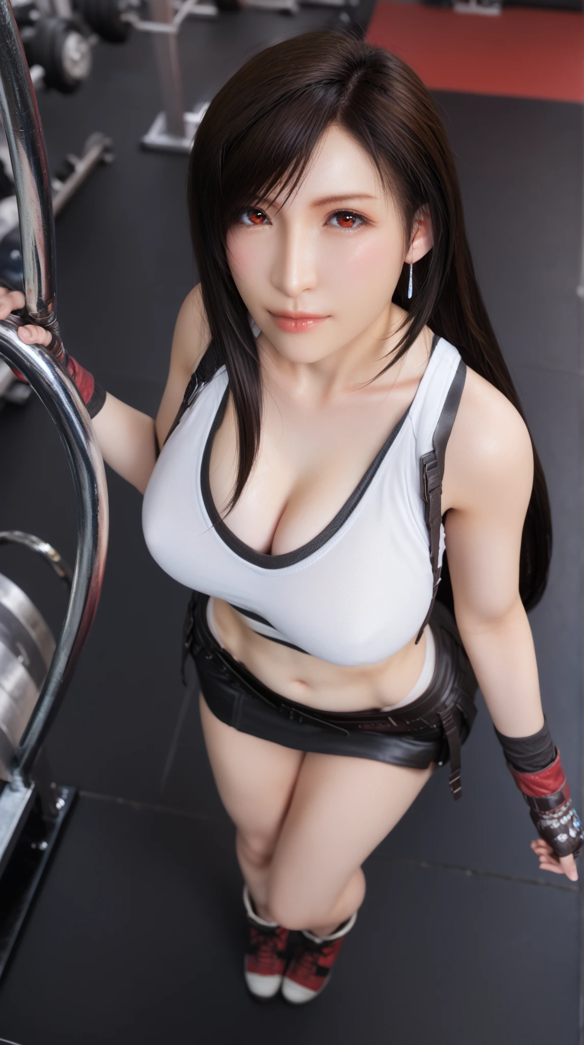 Tifa Lockhart, 1girl, defTifa, (white shirt,elbow pad, suspenders, black socks, red boots,black ultra miniskirt:1.3), medium breast, beautiful face, highly detailed face, highly detailed eyes, highly detailed skin, skin pores, subsurface scattering, realistic pupils, medium breast, full face blush, full lips, detailed background, depth of field, volumetric lighting, sharp focus, absurdres, realistic proportions, good anatomy, masterpiece, best quality,realistic, hyperrealistic, 16k hdr,cleavage,navel,(sweat:1.2),outdoor,blue sky,old castle background,(moaning,naughty expression:1.2),necklace,sitting,micro panties,cameltoe,(look above),open mouth,tongue out,(holding condom,drinking_from_condom,cumdrip:1.5),from above