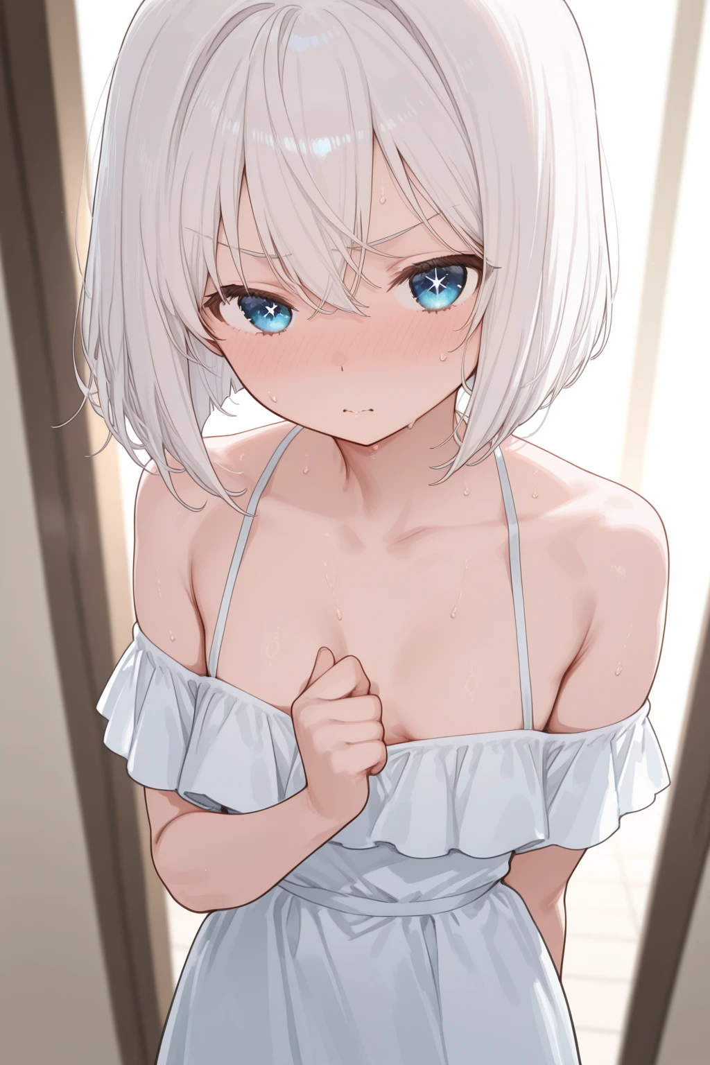 Masterpiece, masterpiece, best girl, best petite girl, best petite girl, world masterpiece theater, super fine, superb quality, excellent girl, white hair, smooth body, smooth body, smooth body, young age, wearing prisoner costume, in a hotel room, big, ((slim, petite)), shy, shy, sad, big chest, hands on chest, hands covering chest, chest exposed, shy, shy, sad,