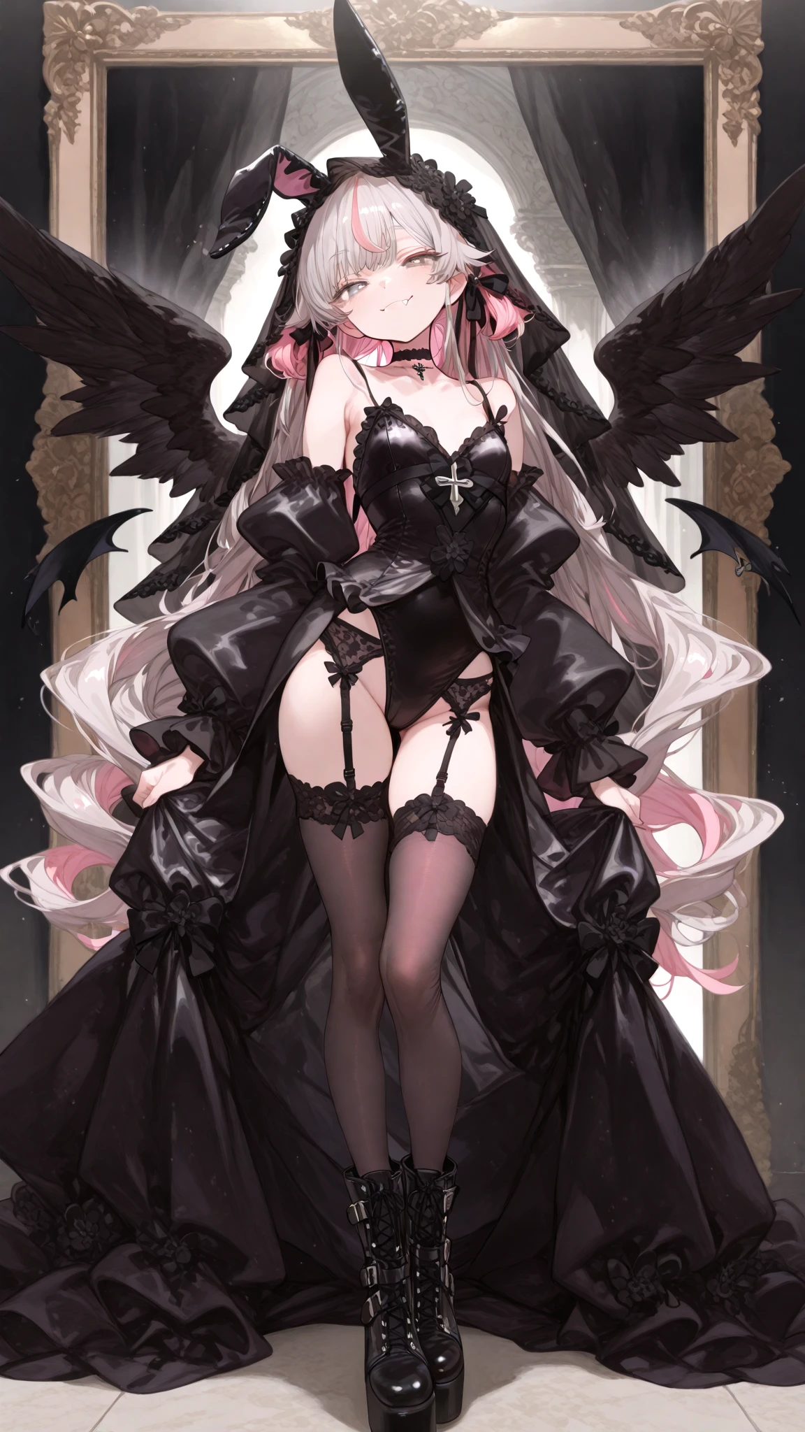 ((best quality)), ((masterpiece)), (detailed), 1girl, NSFW, long white grey hair, grey white eyes, very skinny, detailed, best quality, prominent collarbones, skinny arms, flat stomach, visible hip bones, small breasts, full body, red and white clothing, occult aesthetic, occult, detailed and intricate steampunk and detailed gothic, NSFW, Fluttering lace flared long knee length dress with frilly petticoats, knee length dress, pleated petticoats, petticoats gothic, complex lace boots, gothic aesthetic, wielding a mighty sword with mechanical components, mandalas, small breasts, a fairy, various different types of insect wings, bug wings, beetle wings, NSFW, full body, whole body, body, chains,