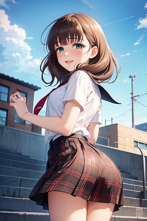 ((masutepiece, Best Quality, hight resolution, nffsw, Perfect Pixel,  4K, nffsw, nffsw))), 1girl in, Single, Solo, Beautie、full body seen、 ((Middle Wave Hair, Bangs, Brown hair)), ((Brown-eyed, Beautiful eyelashes, Realistic eyes)), ((Detailed face, Blushing:1.2)), ((Smooth texture:0.75, Realistic texture:0.65, Photorealistic:1.1, Anime CG style)), medium breasts, Dynamic Angle, Perfect body,  ((red bowtie, School uniform, , White shirt, Black skirt, plaid skirts))、train station stairs、Windy、Very embarrassing panic smile、turned around、I can see her butt sticking out in front of me..、Looking up from the bottom of the stairs、 (The wind pulled up my skirt、Touch the skirt with both hands、、You can see all the buttocks、White floral panties)、