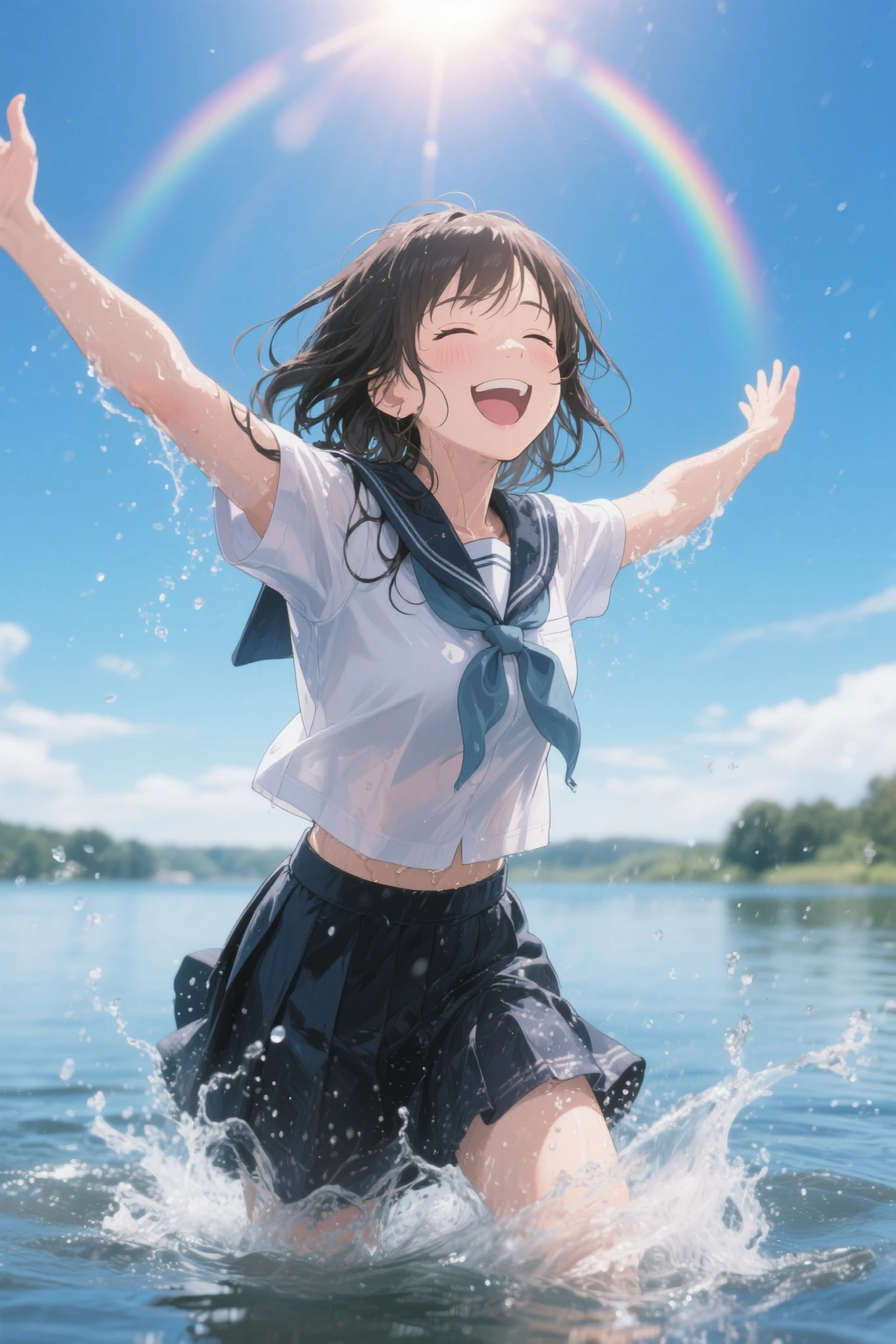 (Highest qualityのイラスト:1.2), (pretty girl:1.1), (1 girl、17 years old、Highest qualityのイラスト:1.2), (1 girl、smile、Small breasts、blue eyes)、Brown Hair、short hair、Wavy Hair、Curly Hair、Low Twintails、(Highest quality、Very detailed、Very detailed and beautiful、Ultra-high resolution) 、,{、White business shirt、Short sleeve、Yellow Ribbon、Grey pleated skirt}、blue sky、summer、Sweat、See-through、Splash