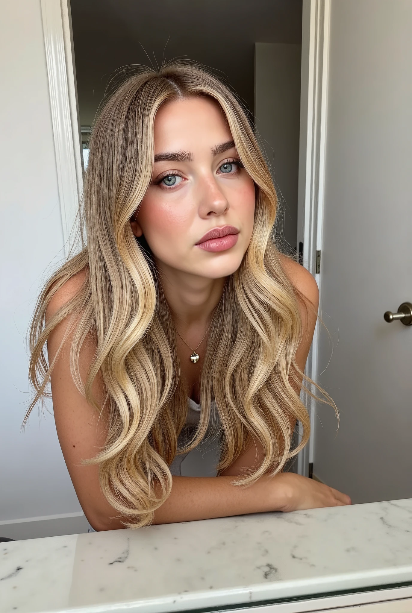 female, 22 years old, ((large plump lips)), (((blue eyes1,5))), ((large breasts)), blonde, ((Scandinavian appearance)) A blonde woman takes a mirror selfie using her phone. Her long, wavy hair cascades over her shoulders and down her back. She leans forward in front of a mirror on a marble countertop, her posture creating a sense of confidence and poise. The room is softly lit, with neutral tones contributing to a serene ambiance. Behind her, a partially open door reveals a glimpse of a hallway or another room. The setting includes clean, modern furnishings, as seen in the visible section of the countertop and hints of cabinetry in the background. Natural light from an unseen source creates subtle highlights and shadows across the scene.,4K, shot on canon,85mm, Kodak vision color, parfaitement ajuste, extreme detail, la photographie_\(ultra\) photorealistic, realistic, Post-traitement, maximum detail, roughness, real life, ultra realistic, photorealistic, la photographie, 8K UHD, la photographie, tetas grandes((ultra detail clothes)) (CW-100)