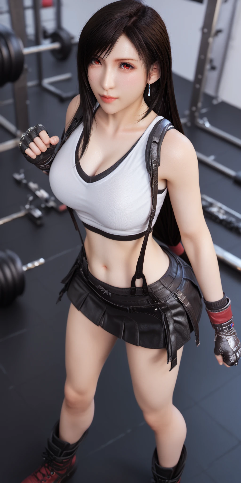 Alexandra Daddario with blue eyes wearing eye liner, pink lips, braided hair, wearing a leather crop top and mini skirt, cleavage, neutral background