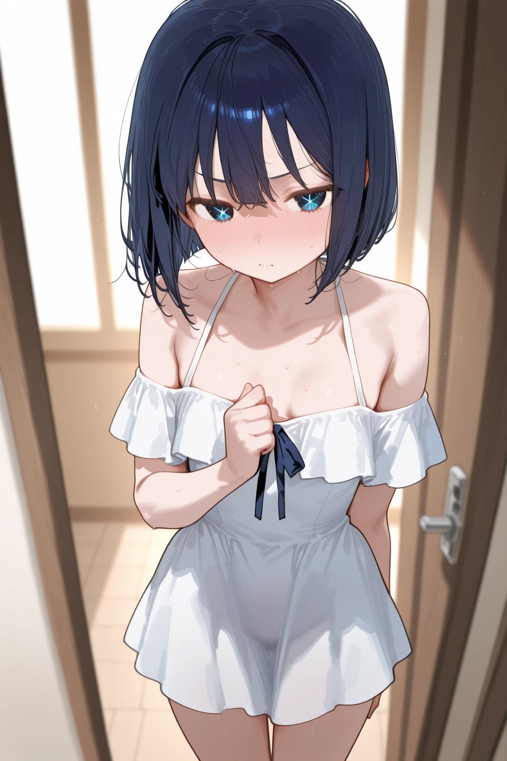 masterpiece, best quality, girl, ((naked apron)), blue headband,
(16 years old), Big ,
short hair, black hair, blue eyes ,bedroom,on the bed,on your back,whole body,spread legs,embarrassing,nipple,no underwear,