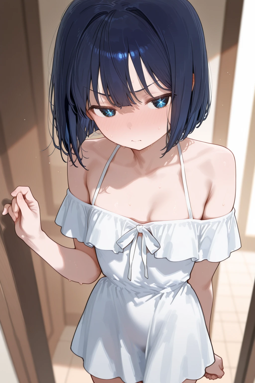 (cum on breasts:1.2), arms behind back, masterpiece, bikini, 1girl, cute, slender, water eye, angle from above, sweaty, shiny skin, gleaming skin, wet, silver short hair, looking up at viewer, depth of field, sharp focus, detailed eyes, sharp pupils, realistic pupils, delicate facial features, highres, (hyper-detailed:1.2), bed room, wince, sad smile, anguish, restrained, blue eyes