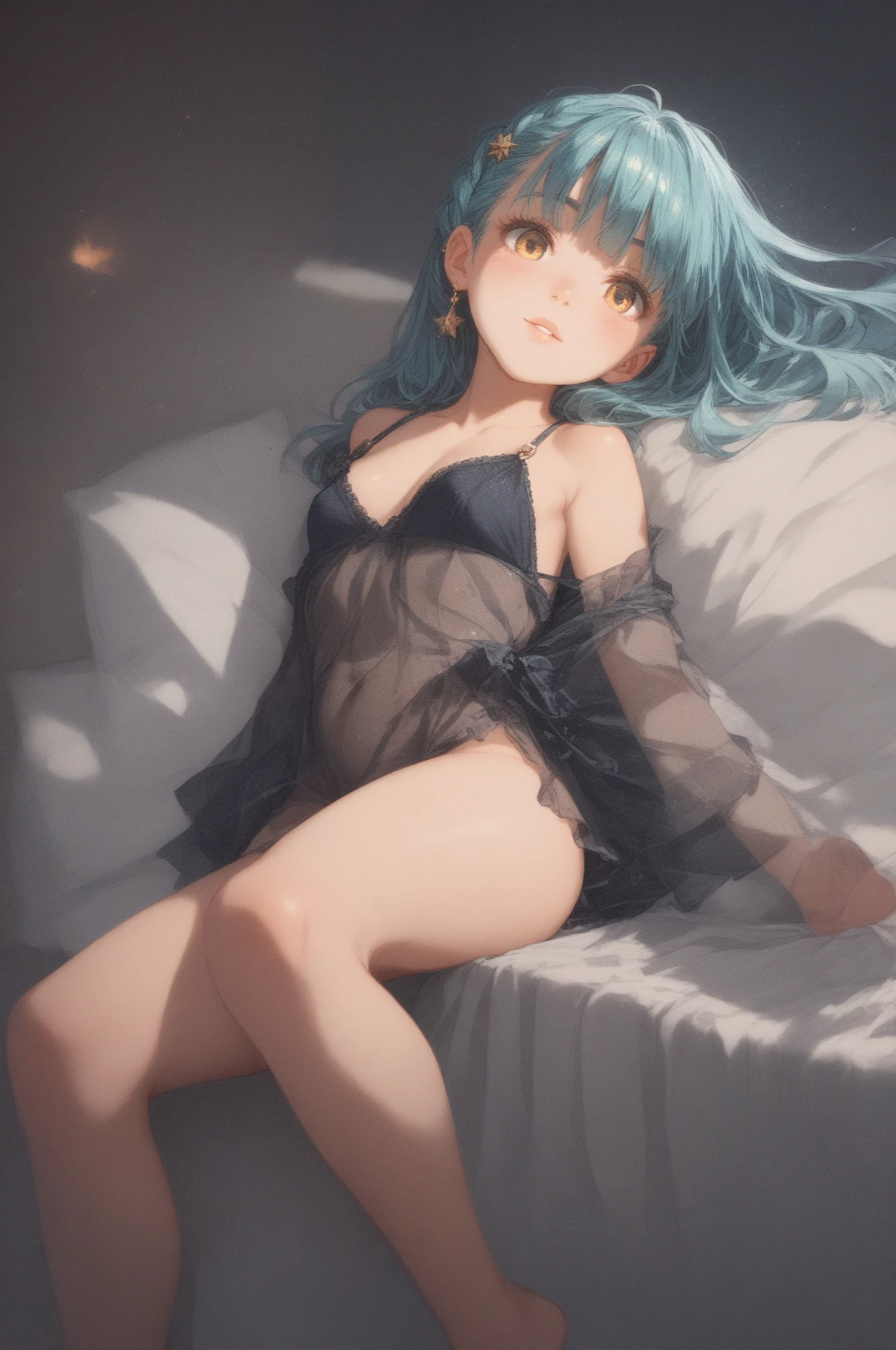 blush, date, starry sky, smile, black underwear