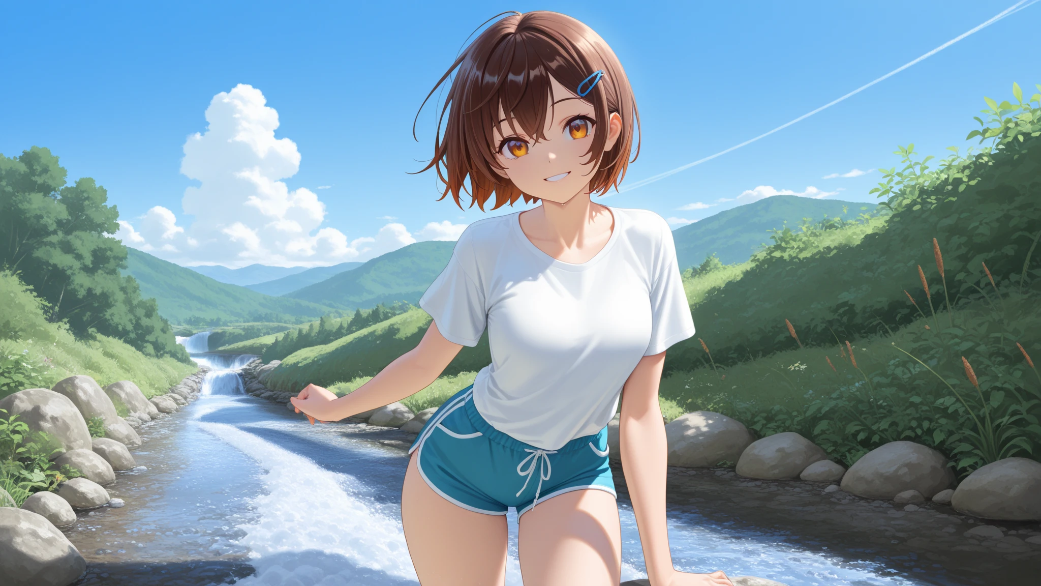 (masterpiece:1.3, top-quality, ultra high res, ultra detailed), (realistic, photorealistic:1.4), beautiful illustration, perfect lighting, natural lighting, colorful, depth of fields, surrealism,
beautiful detailed hair, beautiful detailed face, beautiful detailed eyes, beautiful clavicle, beautiful body, beautiful chest, beautiful thigh, beautiful legs, beautiful fingers, Accurate 5 fingers、
looking at viewer, cowboy shot, Photo from the side、
1 girl, japanese, 25 years old, perfect face, (perfect anatomy, anatomically correct), cute symmetrical face, shiny skin、
(short hair, light brown hair), hair between eyes, Shining light blue eyes, long eyelash, medium breasts:0.5,
t-shirt,White panties, barefoot、midriff peek:0.3、
(beautiful scenery), (outdoors),lake、 kneeling,
(lovely smile, upper eyes, open mouth small),