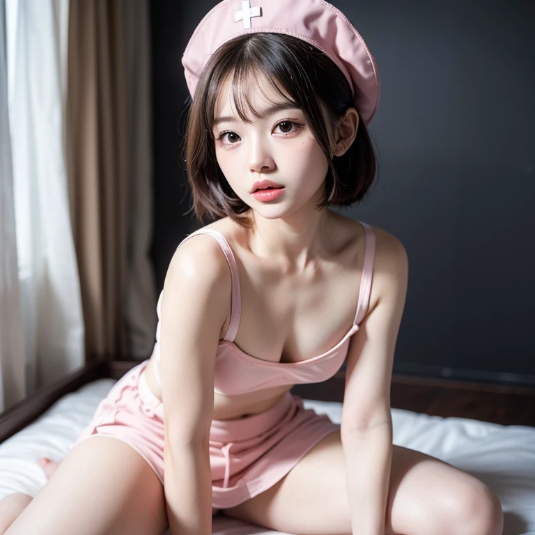 A photo from inside a crowded train, realistic, 8k, healthy, Very cute junior high school student, 耳と首が見えるshort hair, 超short hair, 1 girl, (((small breasts))), (((flat chest))), ((Strawberry print white panties)), short hair, nude, cute japanese girl, whole body, nipple, troubled face