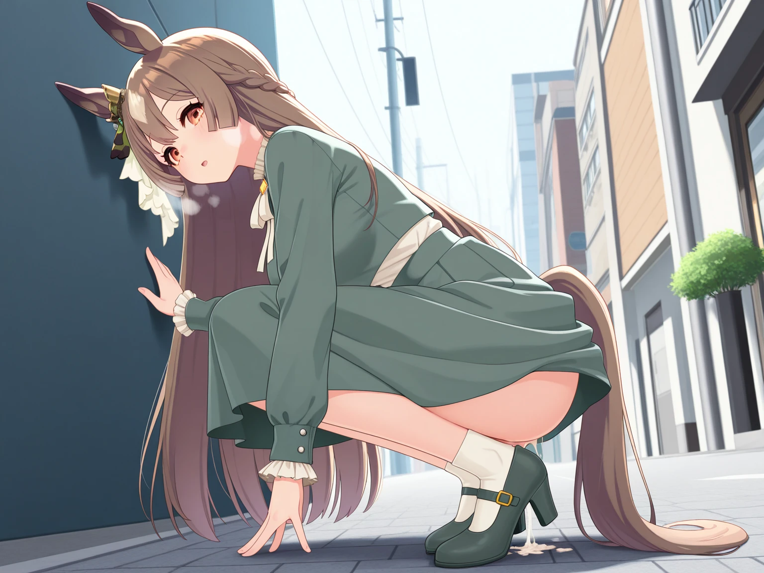 (NSFW:1.5), (realistic, photo realistic:1.2), ((highest quality)), move the center of gravity backwards, pretty embarrassing, satono diamond \(umamusume\), white panties, (show panties:1.4),Tight Skirt, (Panty shot:1.3), (pull up the skirt:1.3), (squat:1.4), (Spread pussy:1.5), put the heel on the ground, spread your legs a little, squat with your knees up, Attach your ass to the ground, black penny loafers, beautiful face details, real human skin, gentle expression, Front view, angle from below, realistic, photorealistic, cute, short skirt, squat deep on school grounds, cute school girl, Semi-long hair, , sailor suit, whole body, Smile, natural smile, charming smile, enchanting smile, (looking at the viewer:1.2), From before, from below,