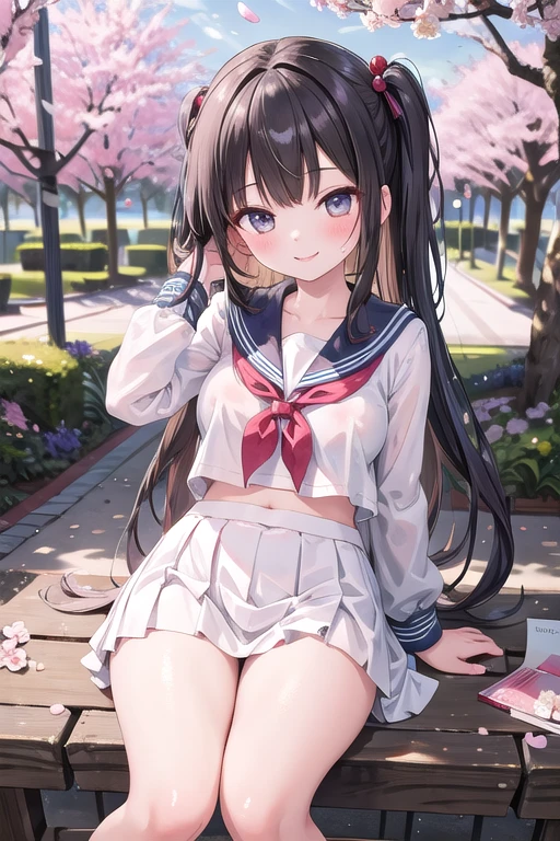 (top-quality、in 8K、32K、masterpiece、nffsw、ighly detailed、Impresionismo:1.2)、Full body, (Superb view cherry blossom garden in full bloom:1.4)、beautiful shadow、beauitful face、blurry backround、16-year-old beautiful girl、shinny skin, Beautiful black hair、Blunt bangs、 side poneyTail、Brown eyes、a sailor suit、pleatedskirt、Black socks、Black shoes、A smile、Pink Panties、thighs thighs thighs thighs、from the front side、Opening legs、