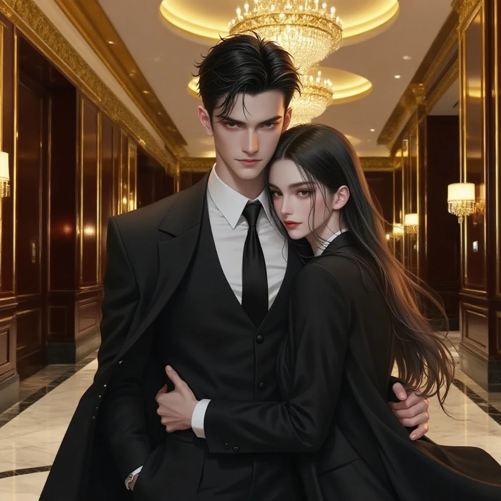 realistic, father and daughter, 1 woman (BLACK hair), bright eyes, confident look, flowery dress, hidden hands, 1 man (LOIRO hair), Russian, European masculine features, serene eye, serious look, suit, medieval, suit, hidden hands, Victorian, field