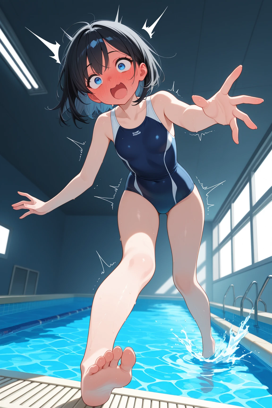 1girl ,20s,mature female,short hair,blue hair,oni horns,(white background, simple background),school Swimsuit,runing,scared,wet,full body