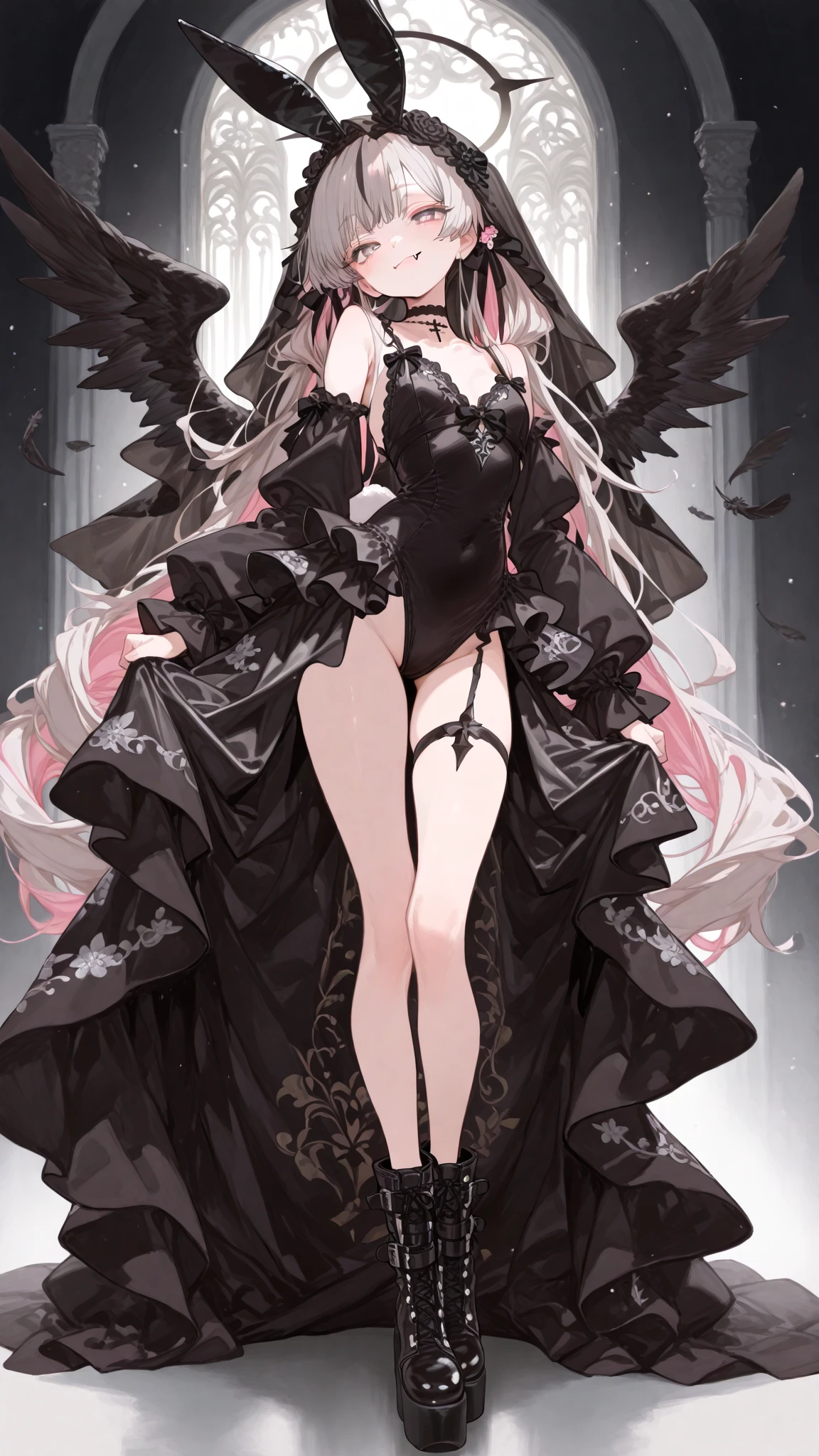 ((best quality)), ((masterpiece)), ((Super detailed)) ((Ultra High detail)) Realistic beautiful girl, long white hair, red eyes, Short black lace skirt, thigh highs, high heels, tattoos, pink lipstick, lightning background