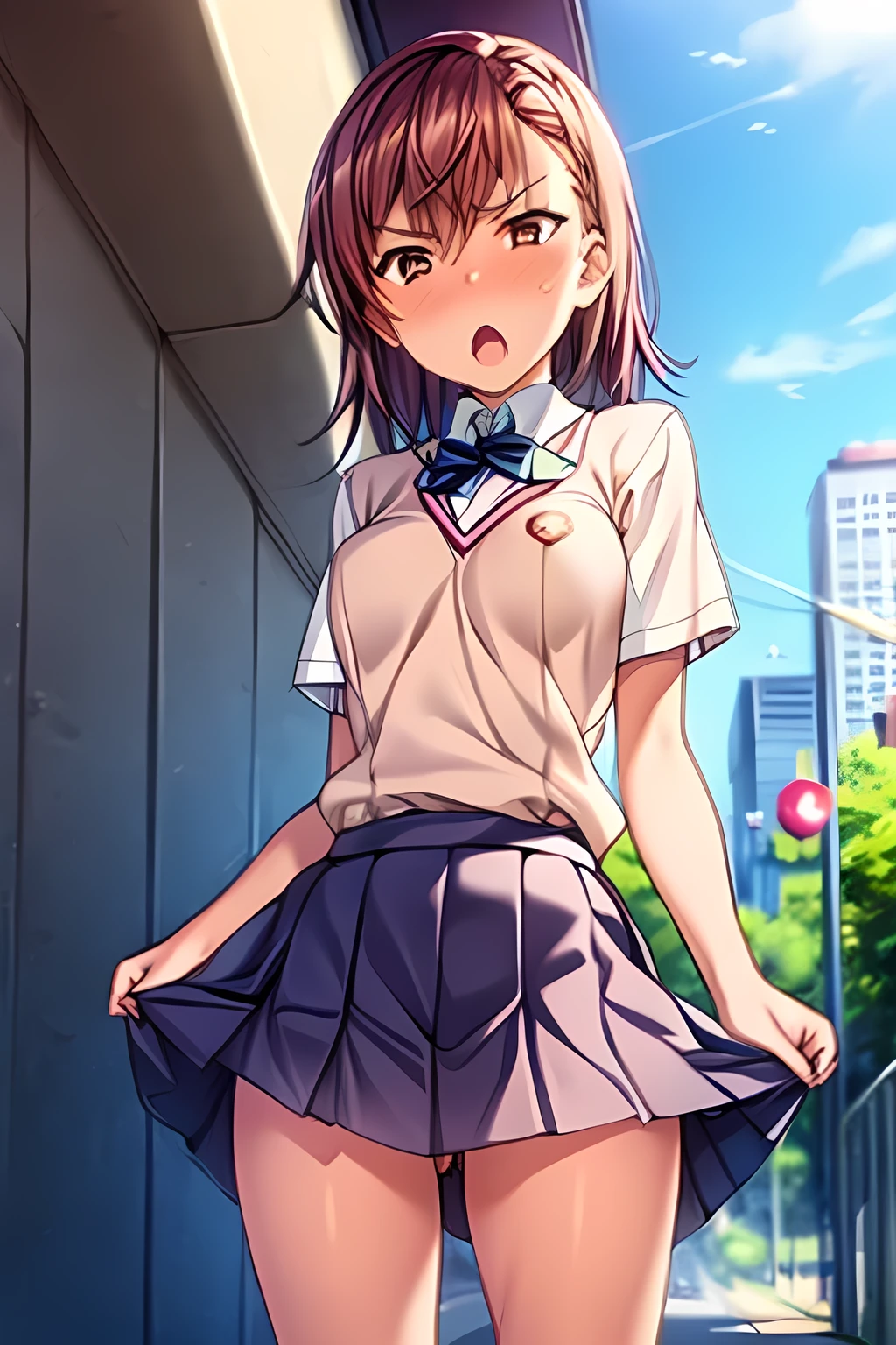 (highest quality:1.2),(perfect beautiful face:1.2),(perfect and beautiful posture:1.2),(Solo,Japanese mature woman standing:1.3,cosplay,((messy short cut hair:1.2), (confused:1.3,embarrassed), shyness:1.1),(Chubby:0.8), (Sweaty, sunburned skin:1.3), thick muscles), ((White  with ribbon),tight Pleated Microskirt), close-up of armpit, mouth open sloppily:1.3,Drooling,(at city:1.3,cowgirl position),Looking at viewer,puffy areolae,outside,at city