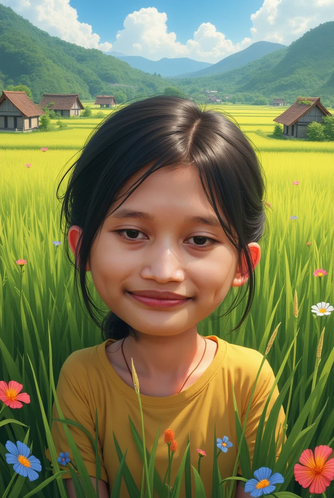 Generate a image of a young girl, 10 years old, from laos, with laos features, realistic city background, best quality, real, well detailed, hyper-realistic