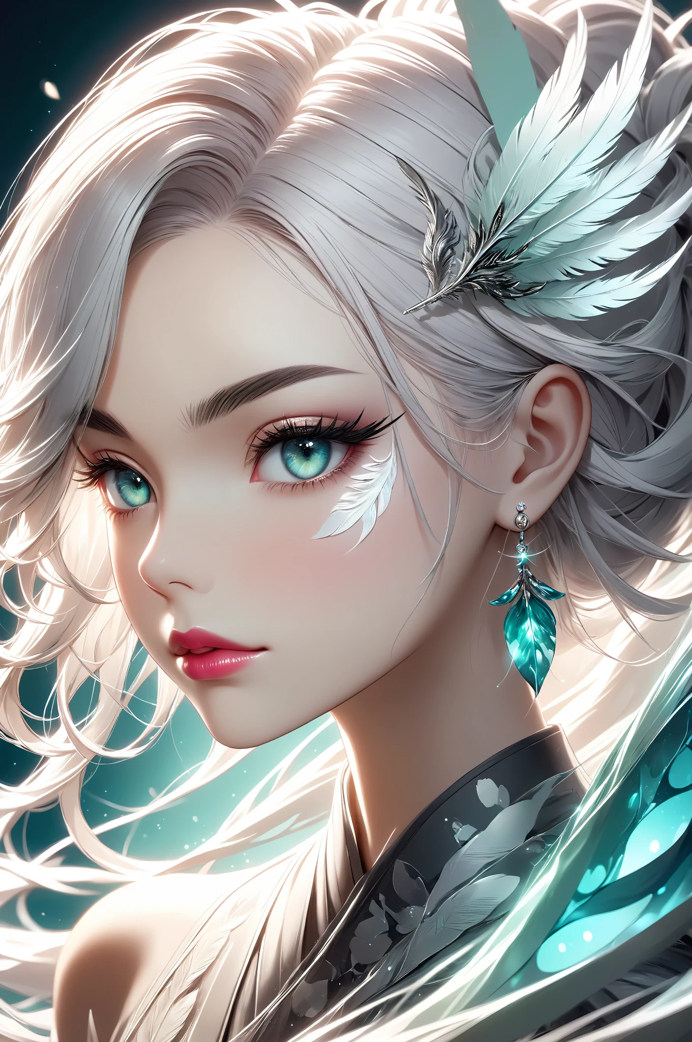 （animesque）（2-dimensional）1 girl in、White hair、length hair、White eyes、Gradient eyes、Sparkling eyes、Bright pupils、finely eye、expressive eyes、White dress、jewely、White lighting、white theme、（foam：1.5）、Abstract、best qualtiy、ultra-detailliert、