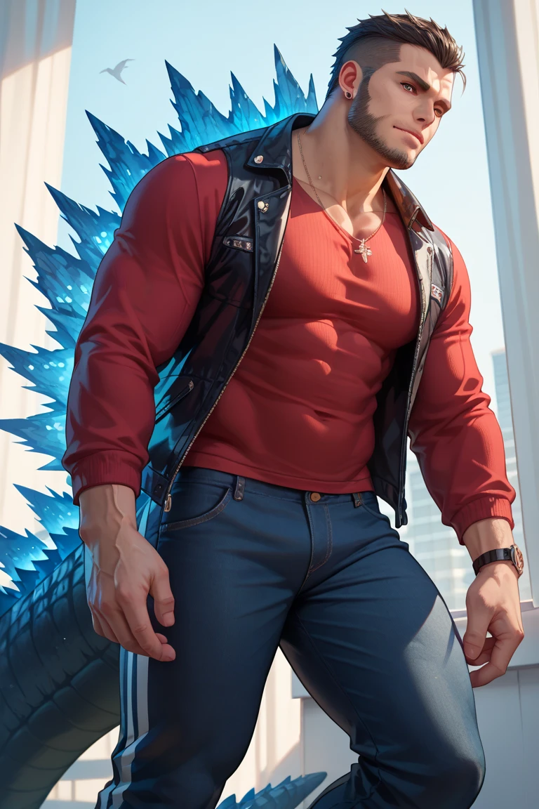 A handsome muscular man, solo, extremely perfect facial features, (face: Matthew Daddario), gorgeous, beautiful, wet, perfect eyes, sexy gaze, looking at the viewers romantically, perfect bare body, smooth skin, wide chest, largest breast, extremely large pectorals, big nipples, wearing (fire pattern print red shirt and (black brief: 1.5), bulge:1.2), (open shirt showcasing chest and abs: 1.5), on a volcanic field, lava flowing all around, a sexy posture, model pose, moaning with pleasure, (pitch dark sky: 1.5), night time, a hot glow in his skin, tanned skin, full body view,